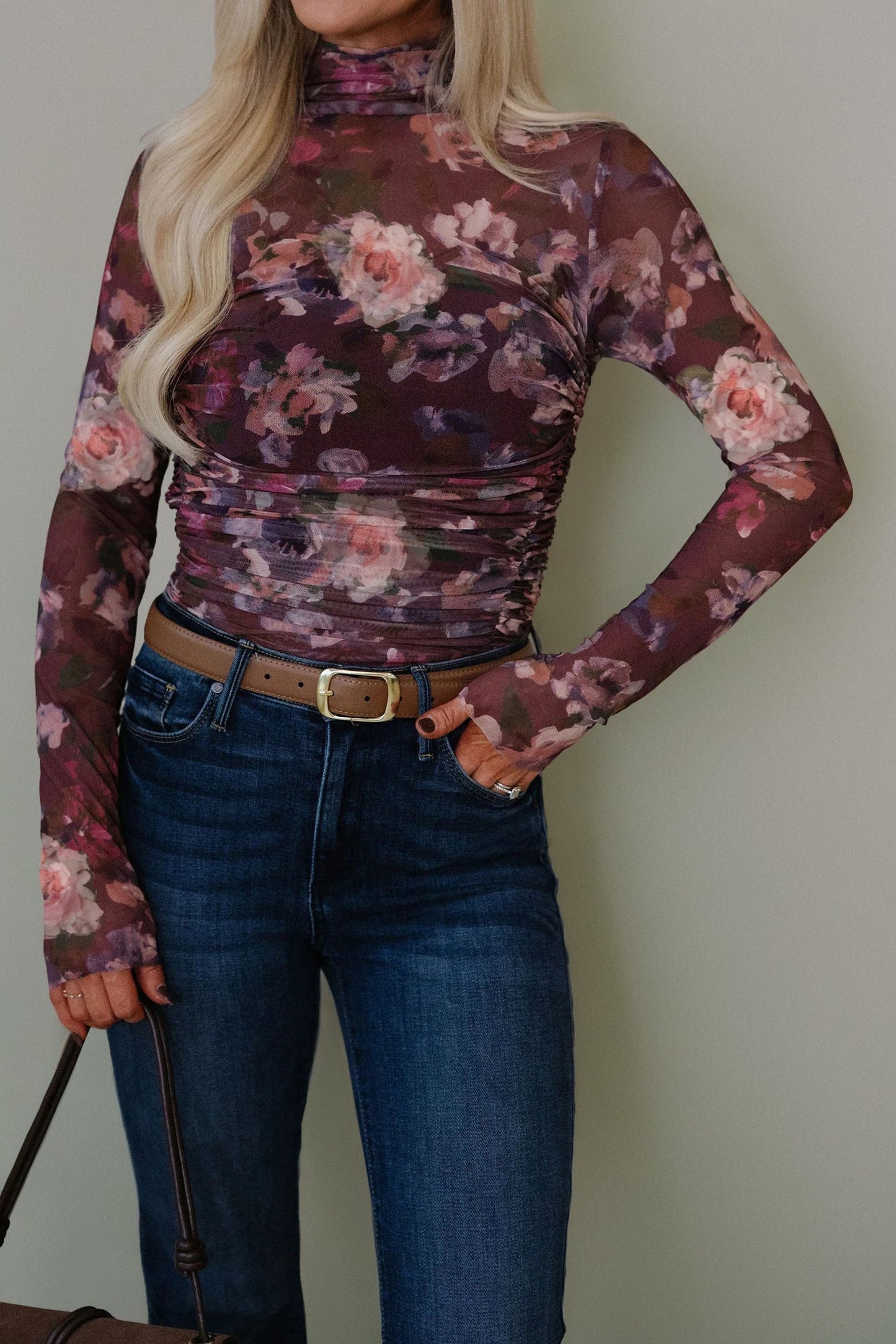 Floral Mesh Turtleneck Long Sleeve Ruched Top