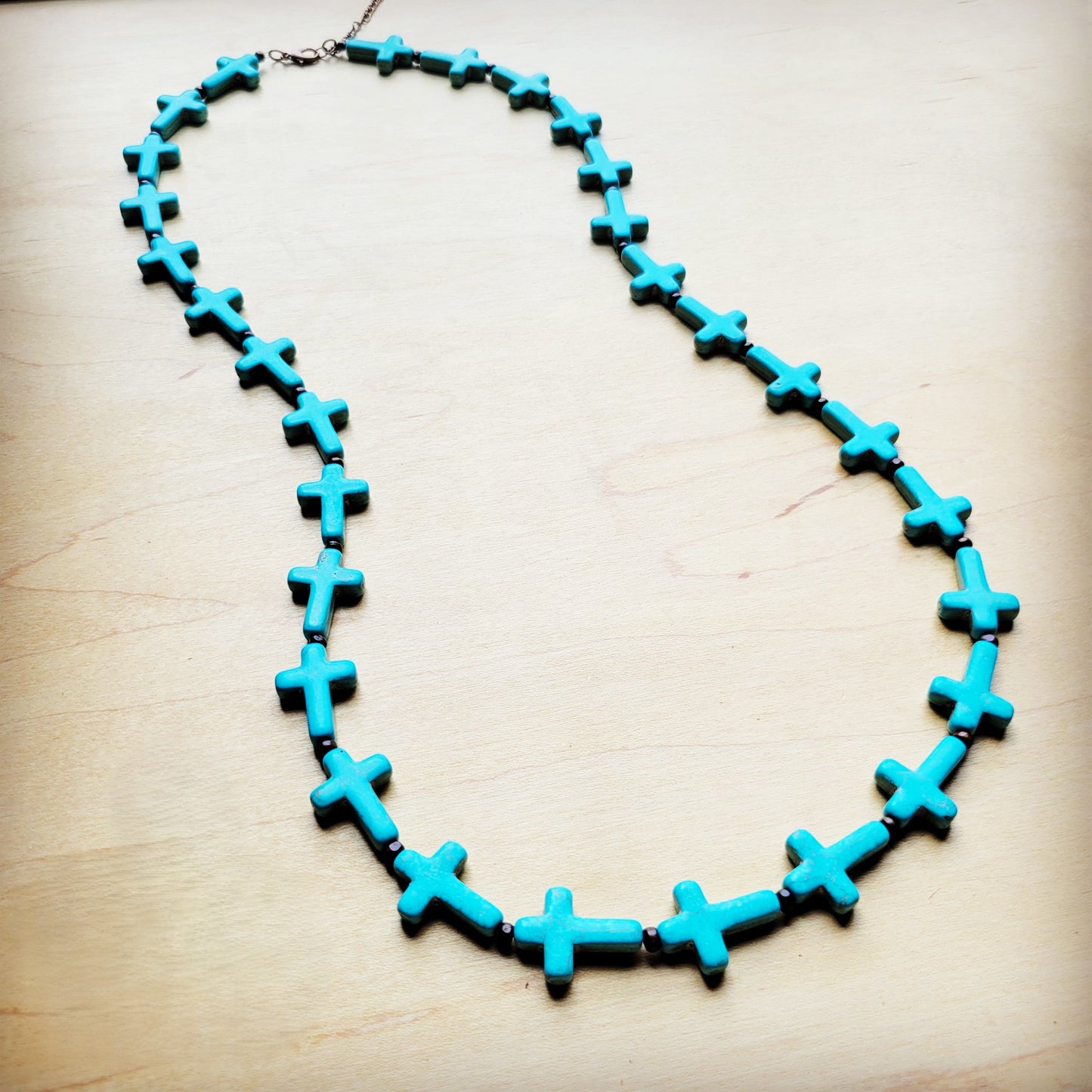 **Blue Turquoise & Wood Beaded Cross Necklace 258n