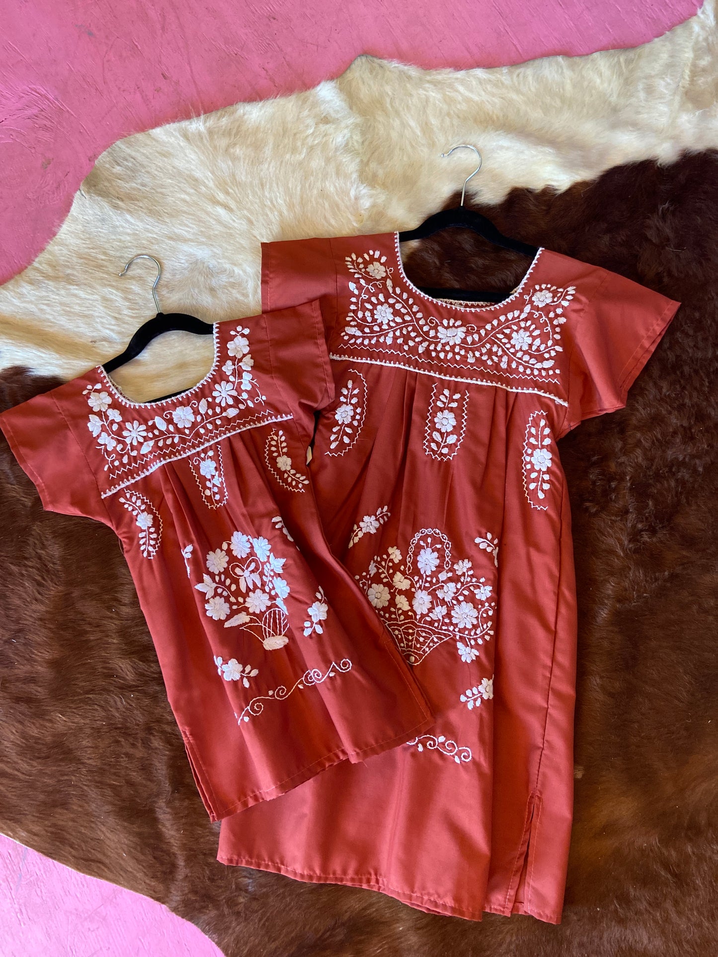 Burnt orange Mexican style embroidered dress