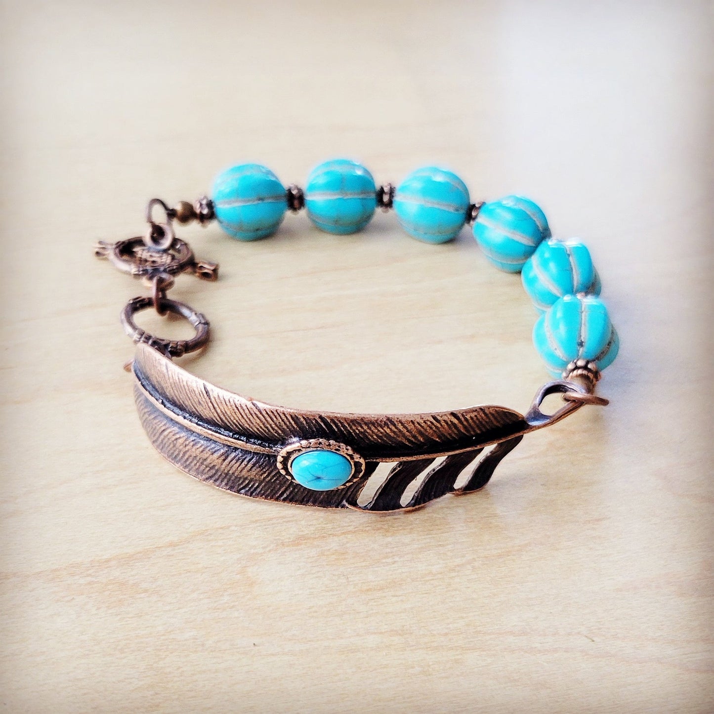 **Blue Melon Turquoise Beaded Bracelet on Copper Feather 810u