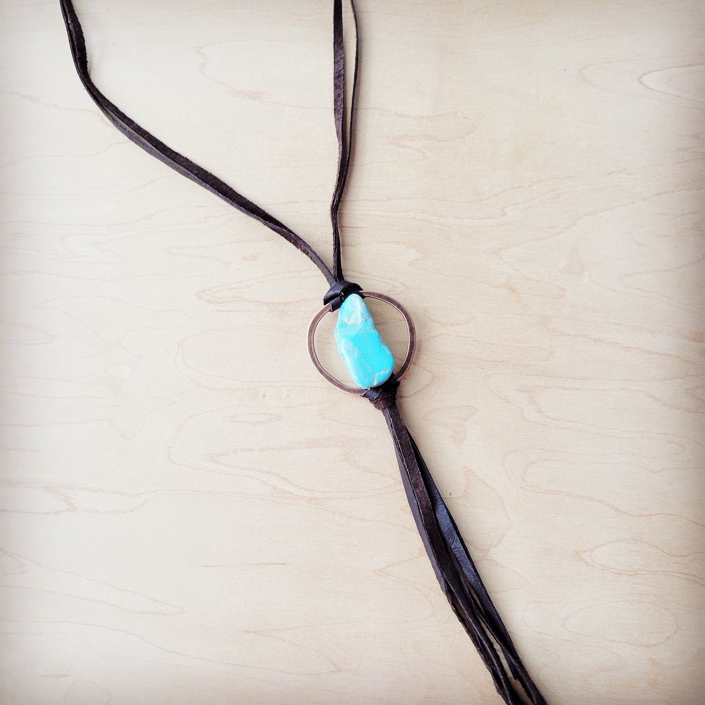 **Brown Boho Leather Necklace w/ Large Turquoise Chunky Pendant 261m