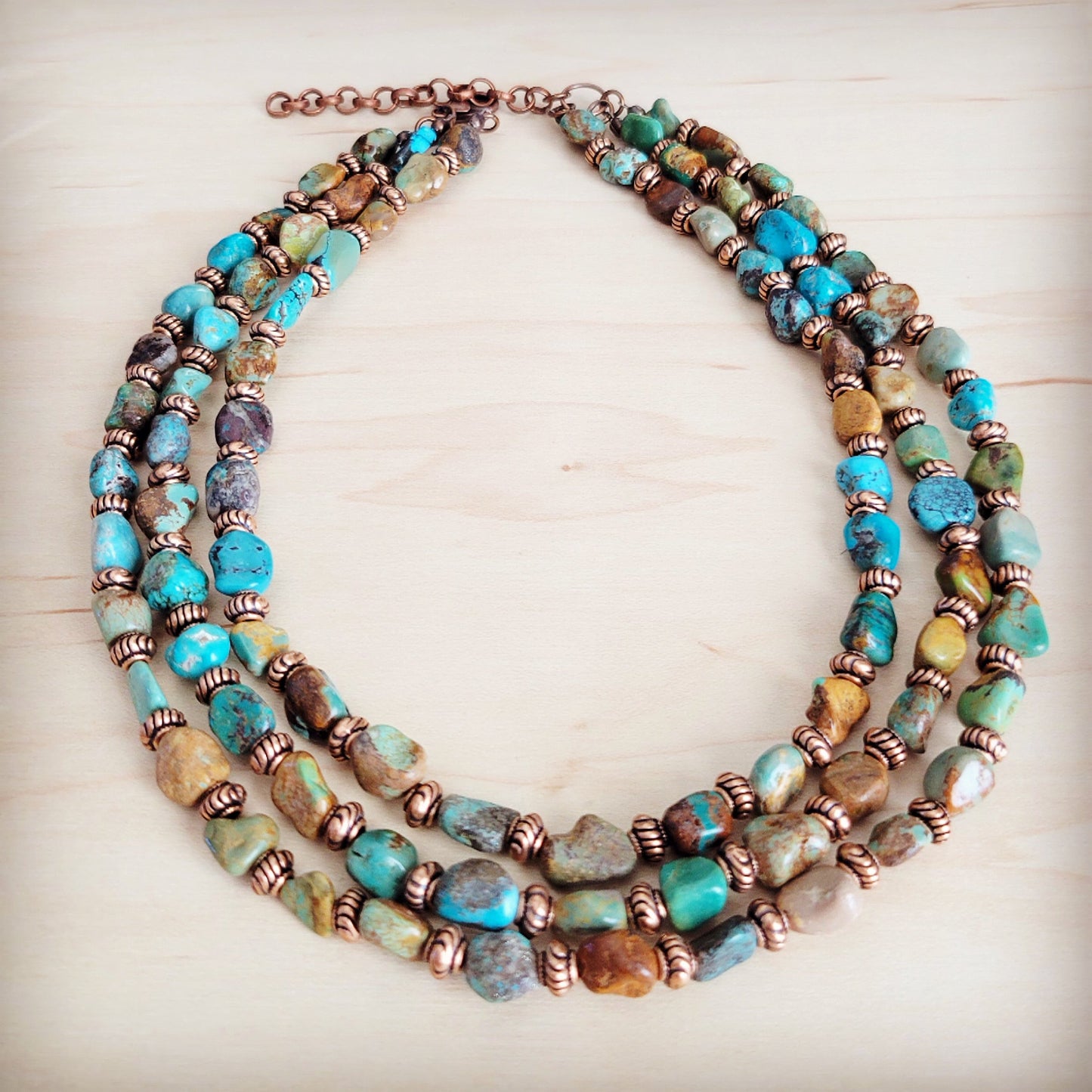 Genuine HuBei Turquoise & Copper Triple Strand Necklace 259t