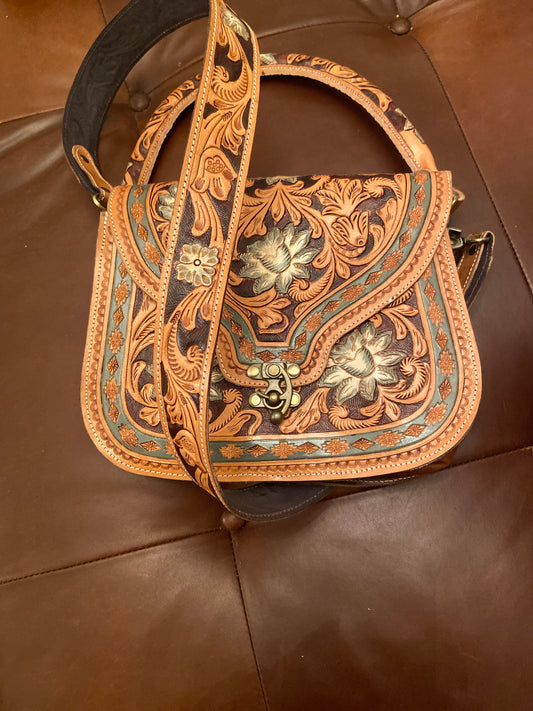 Tooled crossbody purse hybrid latch