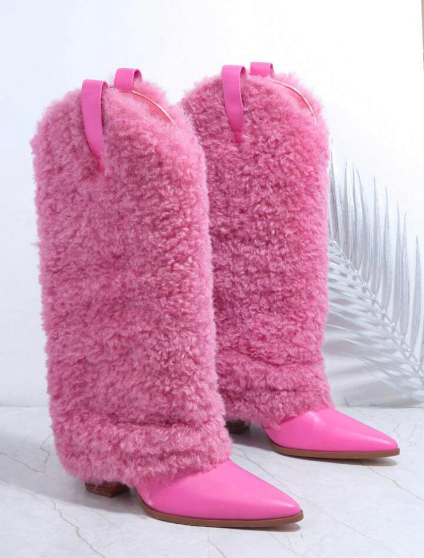 Pink furry Cowboy boots