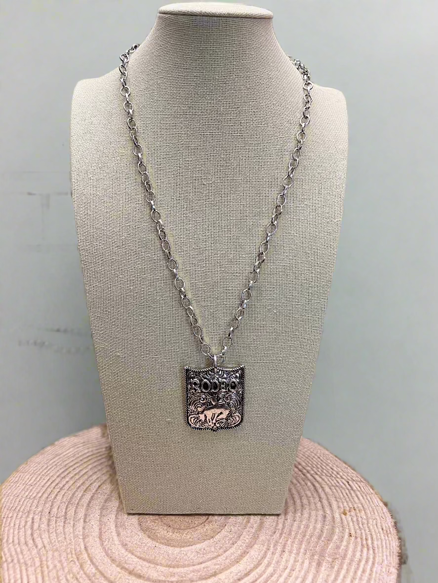 Western Rodeo Pendant Necklace (Silver color) - 22 inch + 3