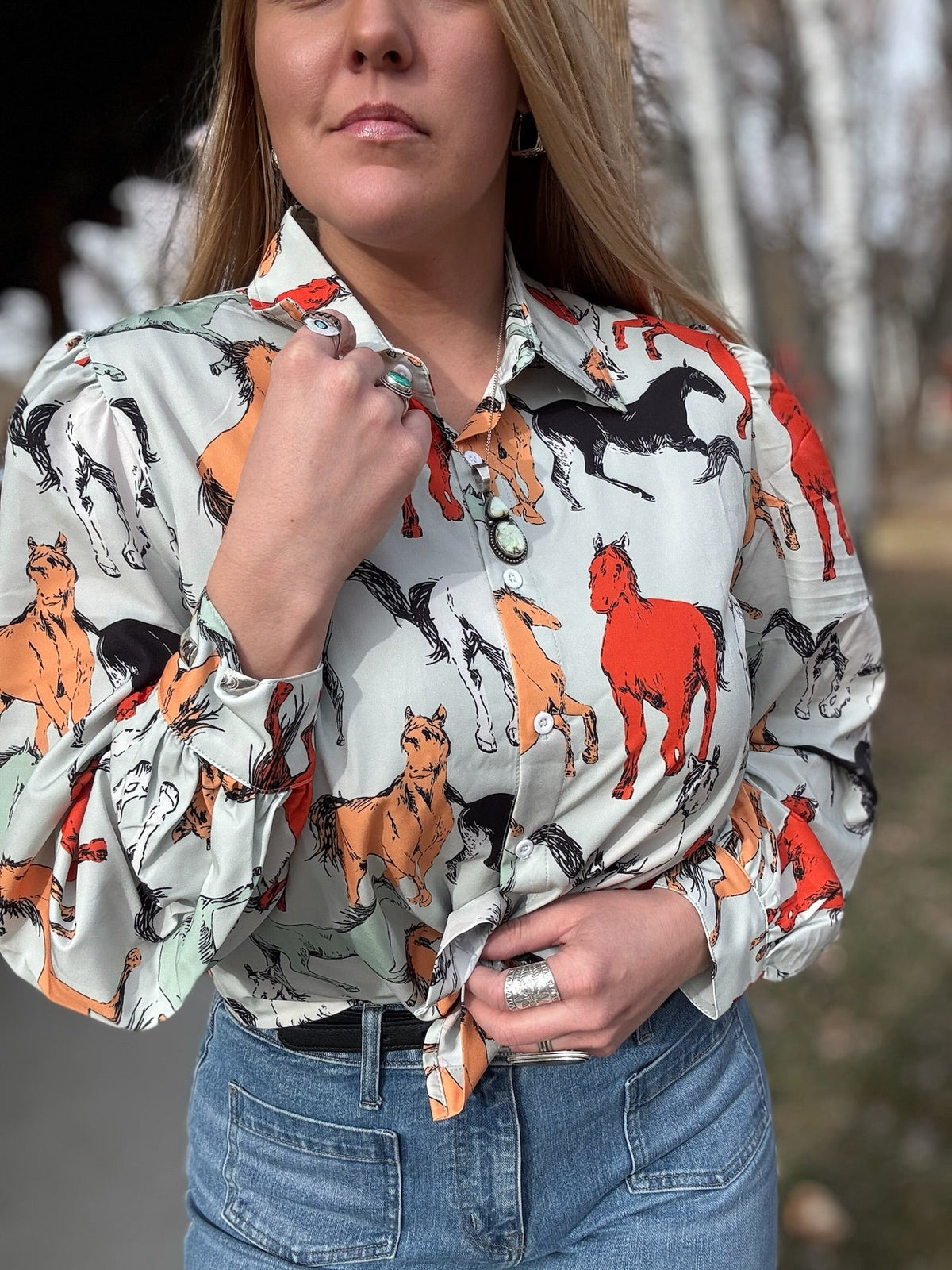Off To The Races Horse Print Blouse - Mint