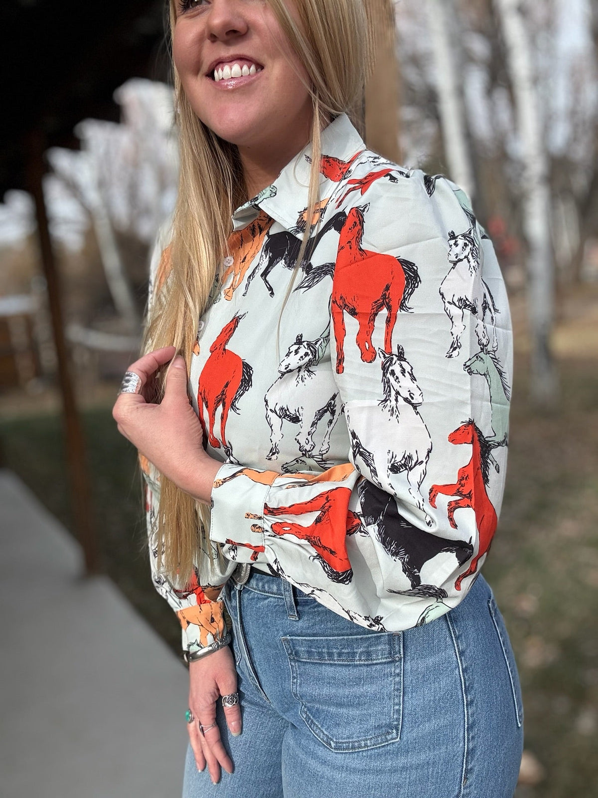 Off To The Races Horse Print Blouse - Mint