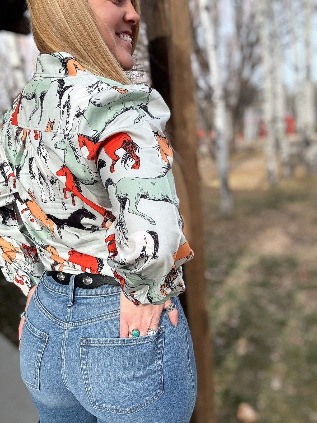 Off To The Races Horse Print Blouse - Mint