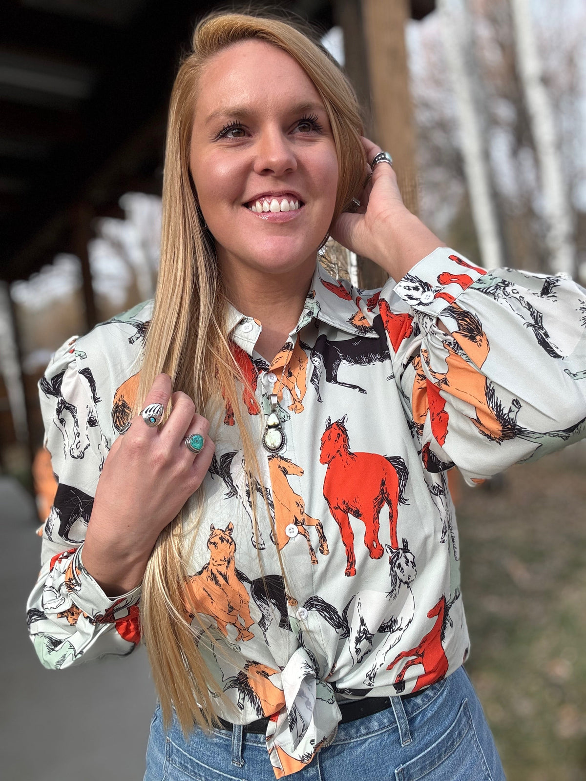 Off To The Races Horse Print Blouse - Mint