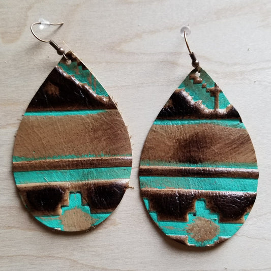 **Leather Teardrop Earrings in Turquoise Navajo 217n
