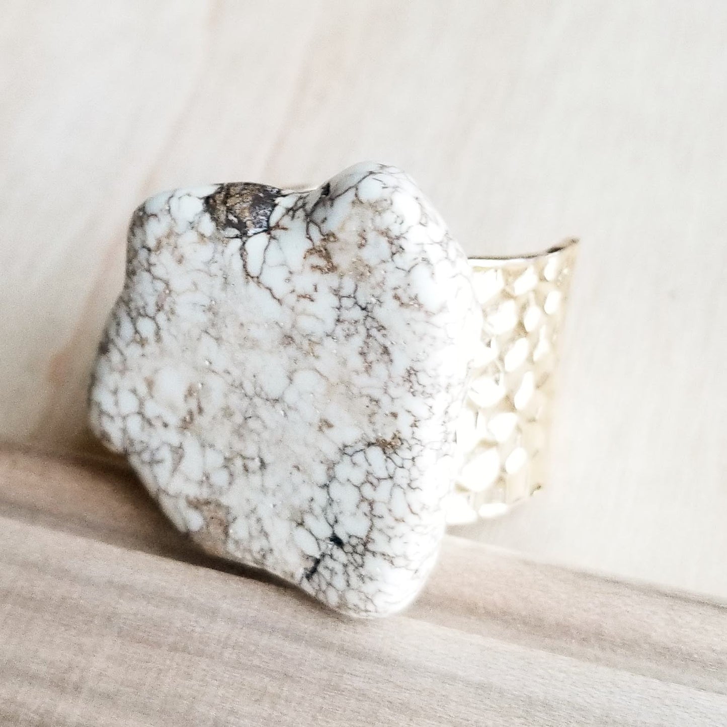 **Chunky White Turquoise Slab on Hammered Gold Cuff RingBase 012s