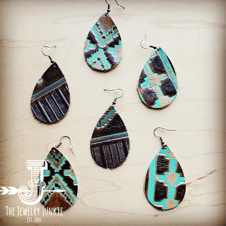 **Leather Teardrop Earrings in Turquoise Navajo 217n