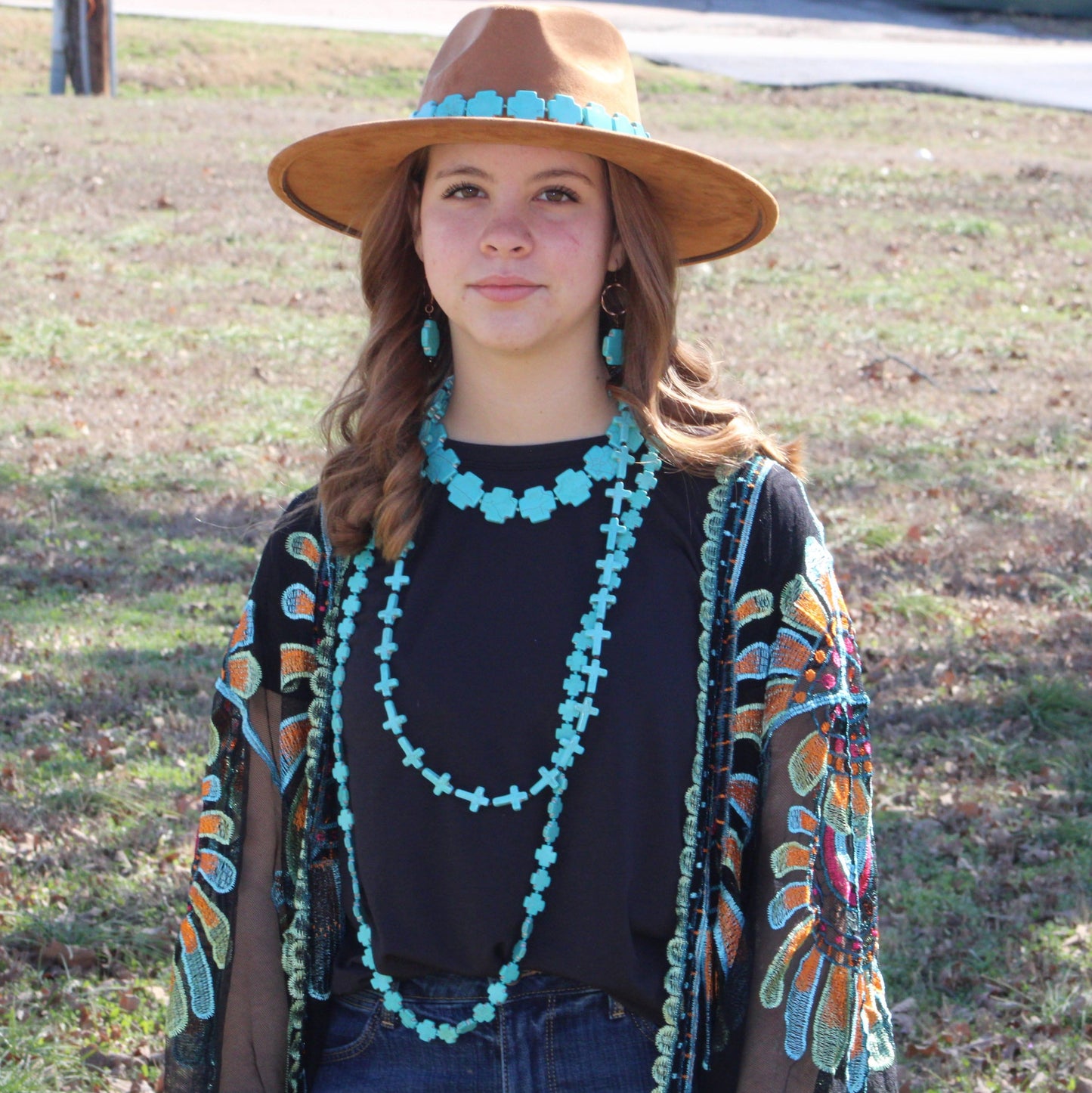 **Blue Turquoise & Wood Beaded Cross Necklace 258n