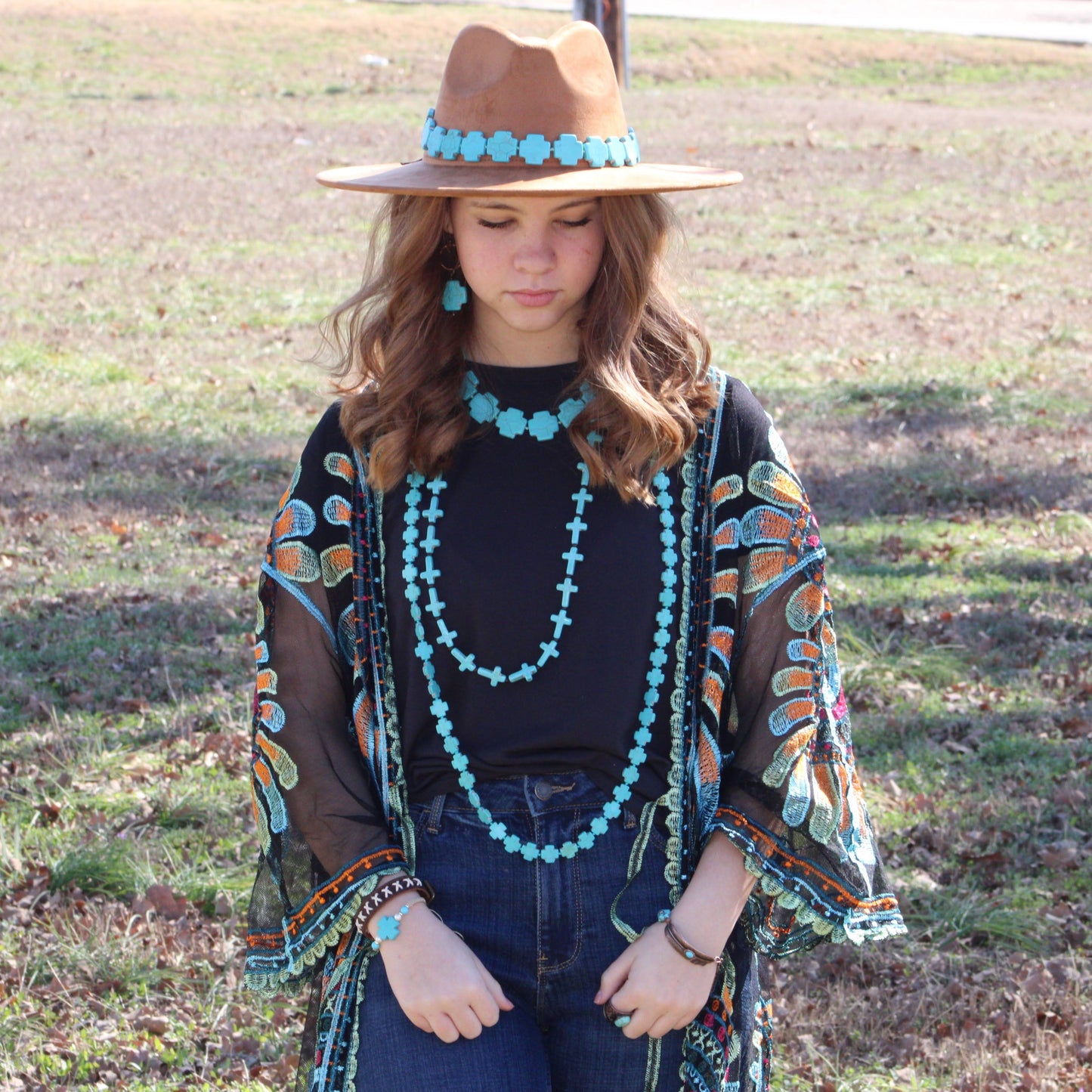 **Long Turquoise Beaded Cross Necklace 258L