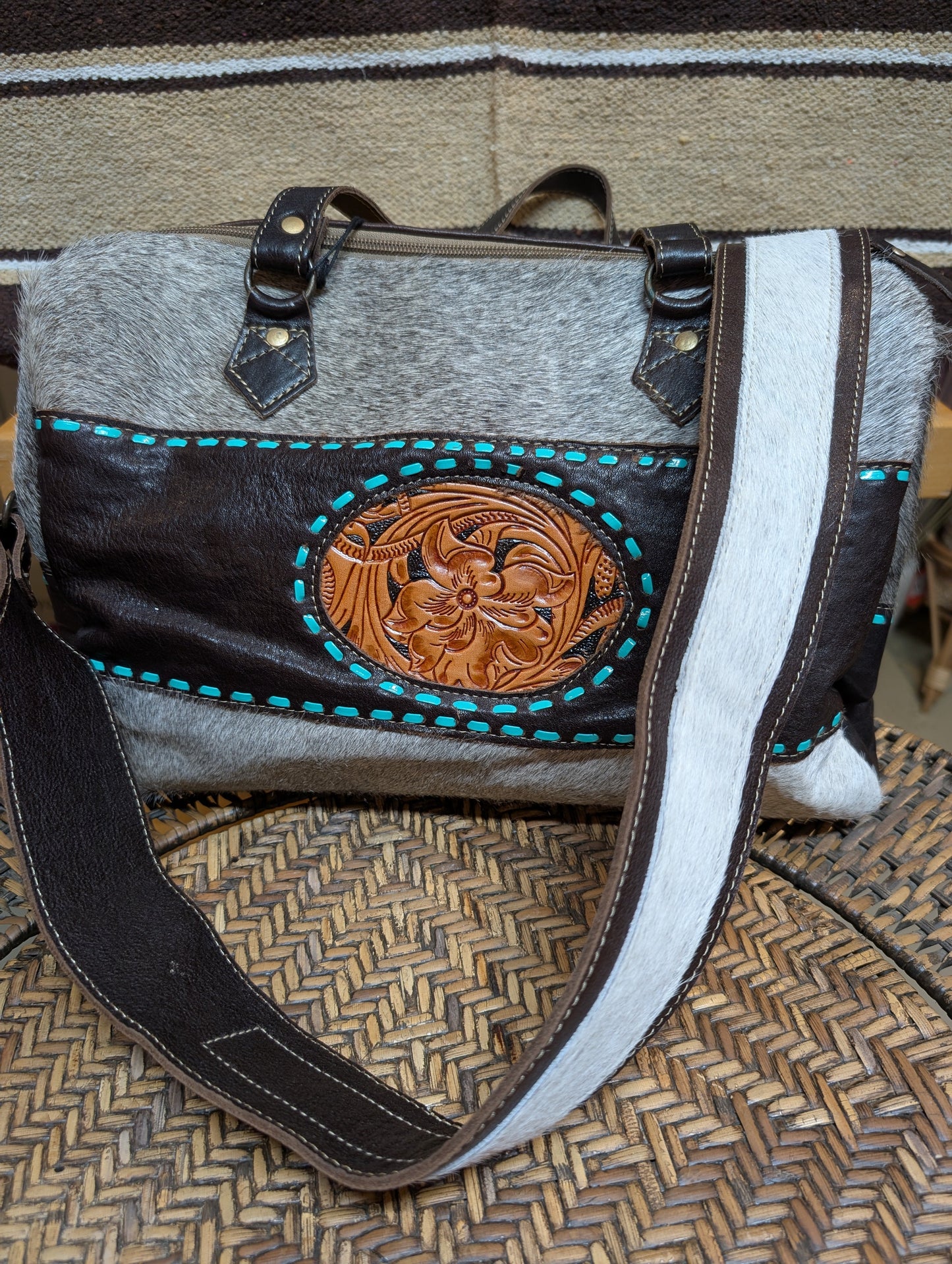Myra Turquoise Edges Hand-Tooled Purse – Genuine Cowhide | One-of-a-Kind
