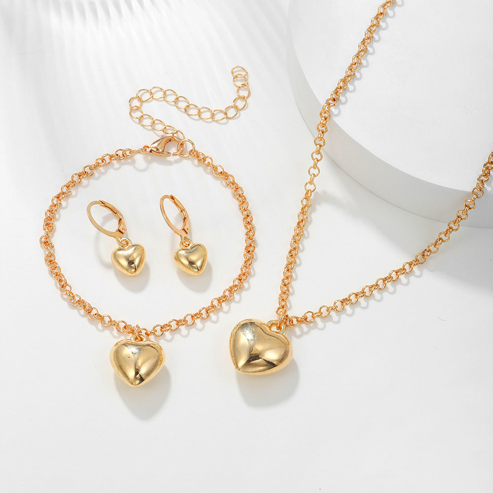 Women Heart Pendant Necklace Earring Bracelet Set