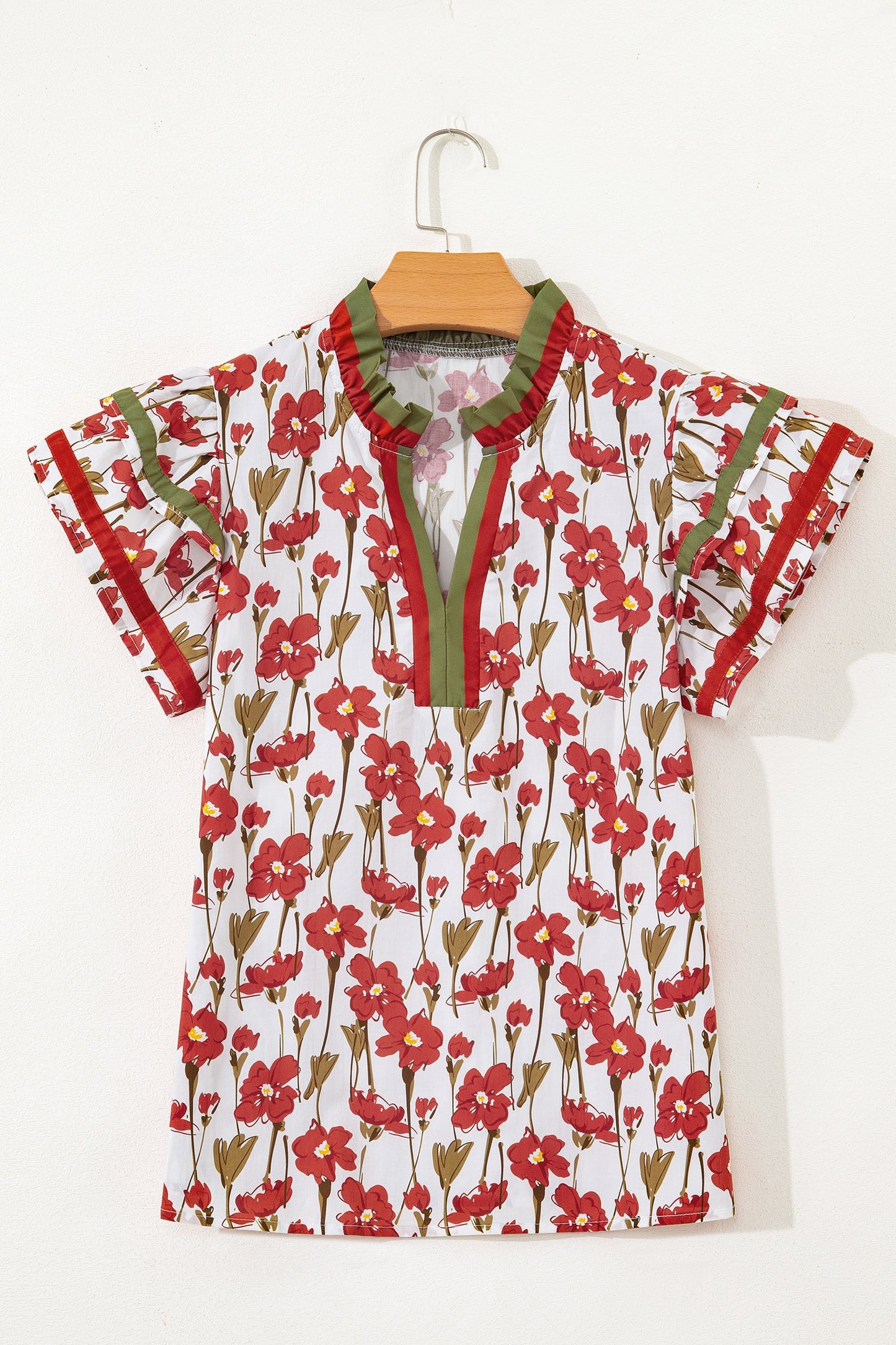 Contrast Trim V-Neck Ruffle Short Sleeve Blouse