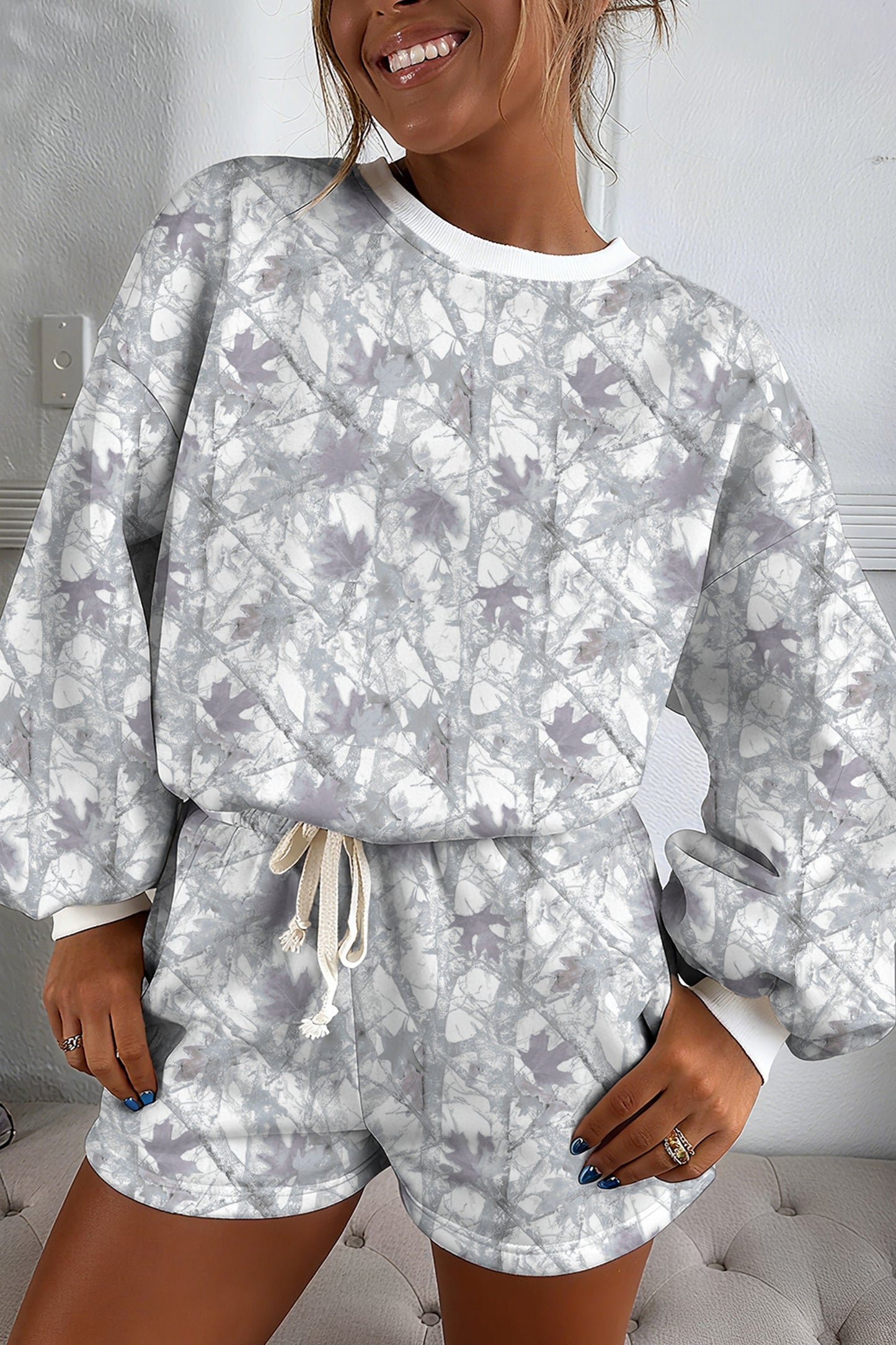 Abstract Camo Pullover & Drawstring Shorts Set