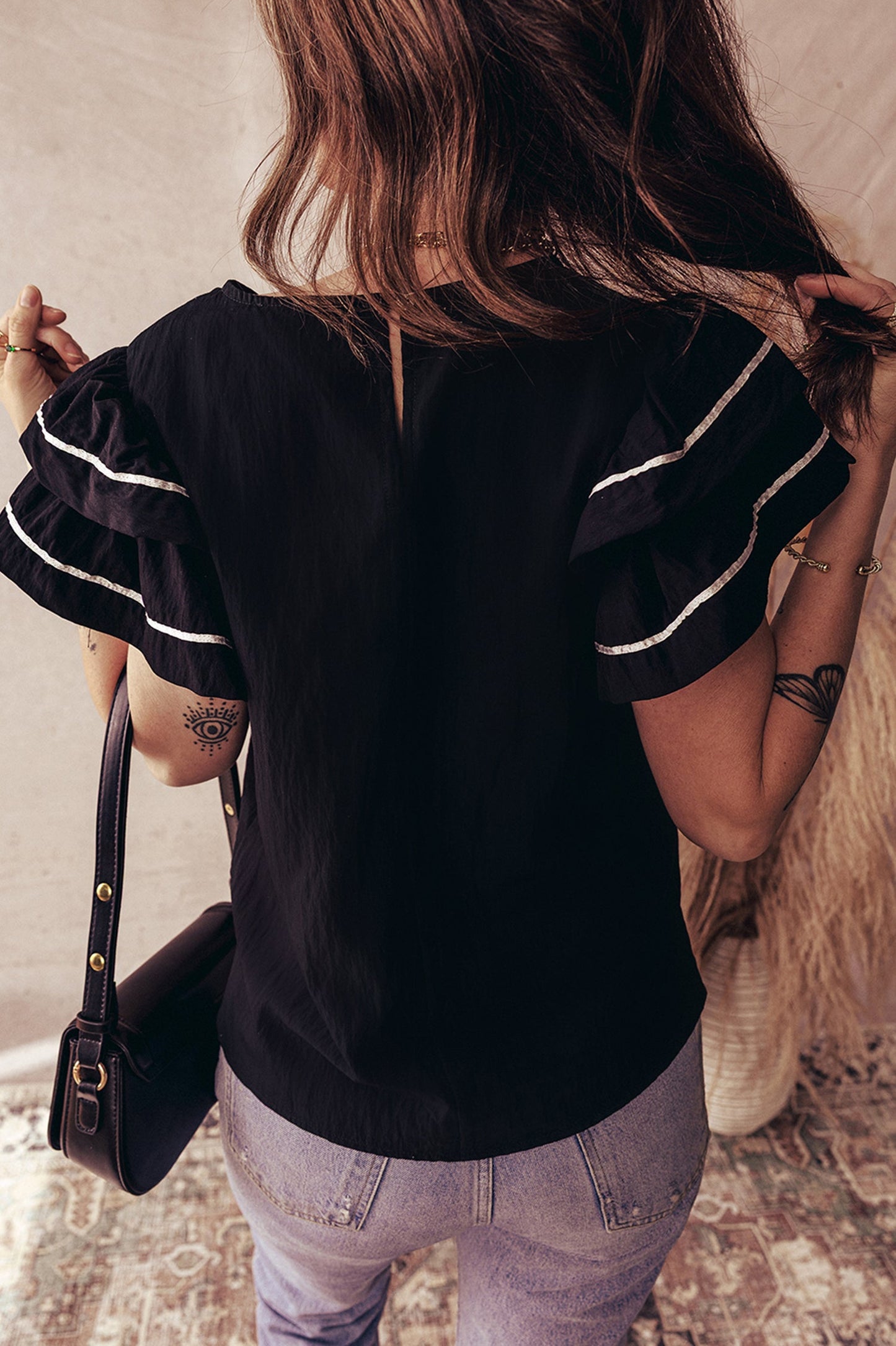 Contrast Trim Dual Ruffle Short Sleeve Blouse