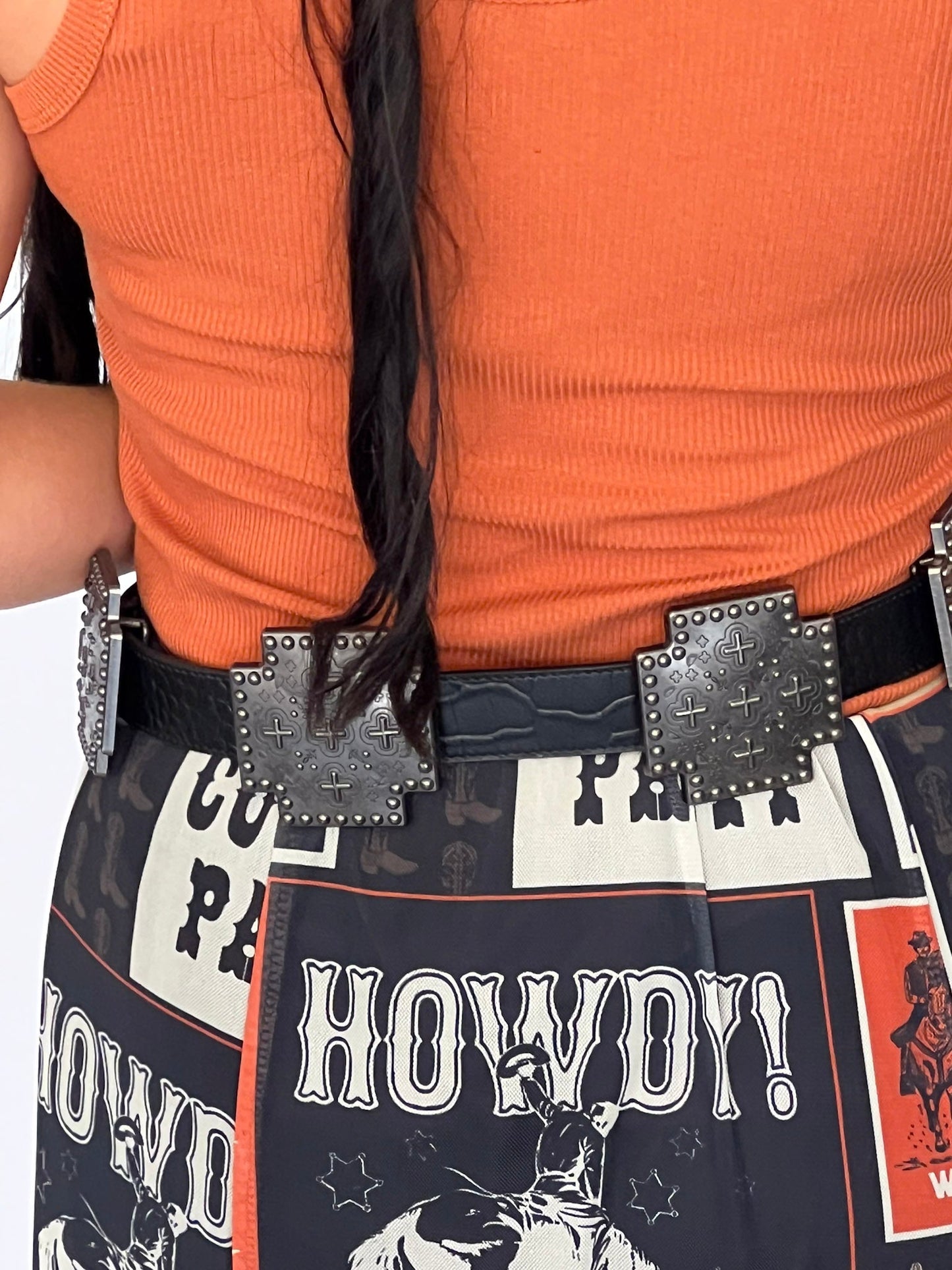 Black Gator Genuine Leather Cross Concho Belt