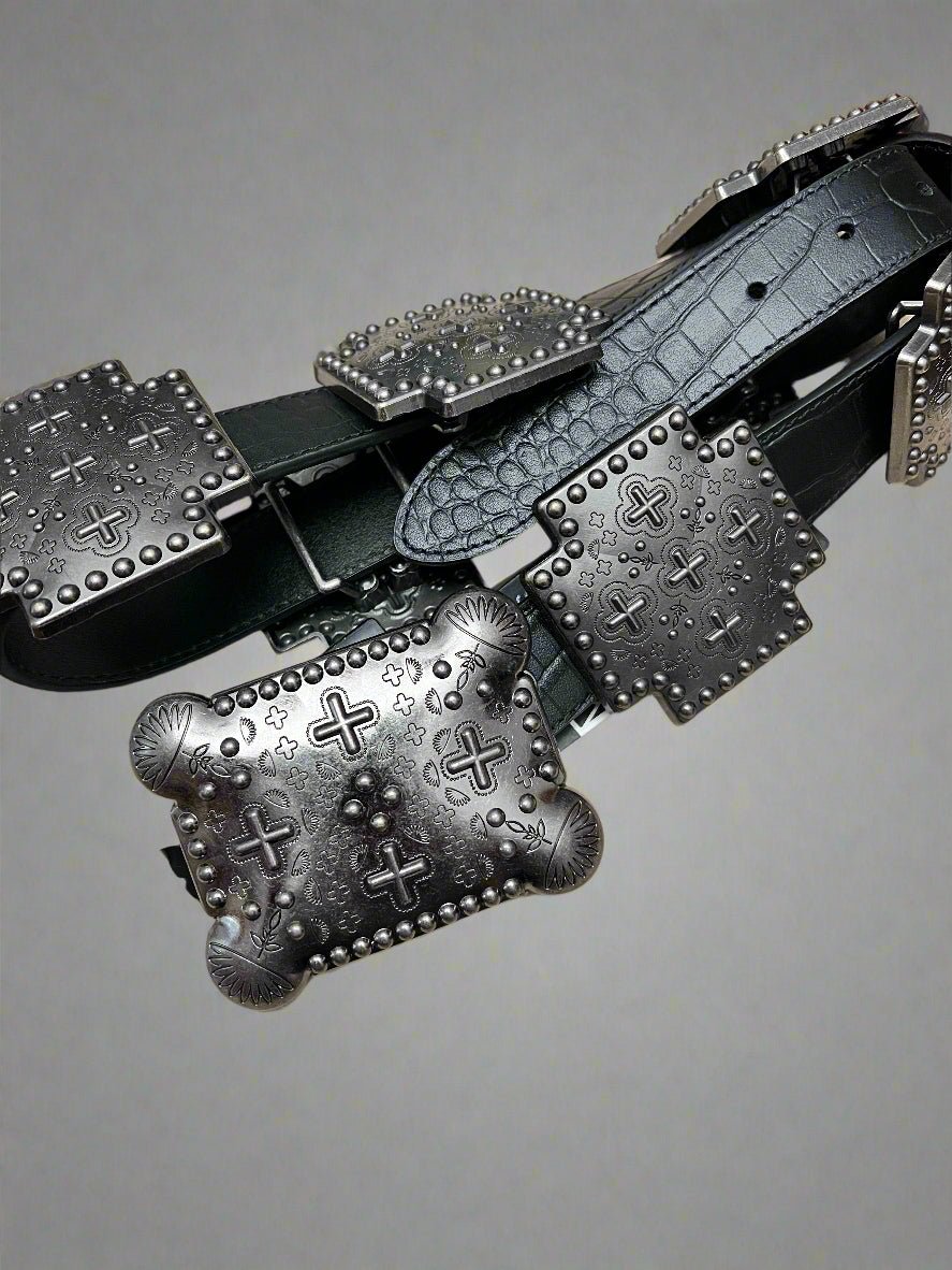 Black Gator Genuine Leather Cross Concho Belt