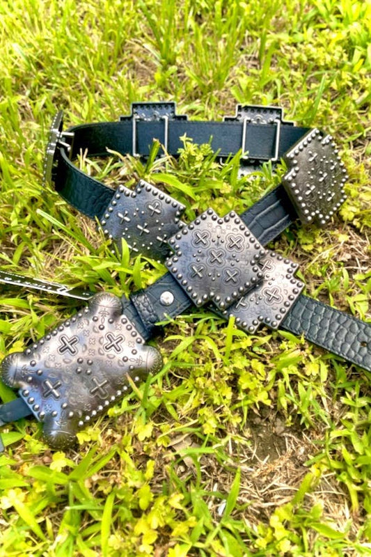 Black Gator Genuine Leather Cross Concho Belt