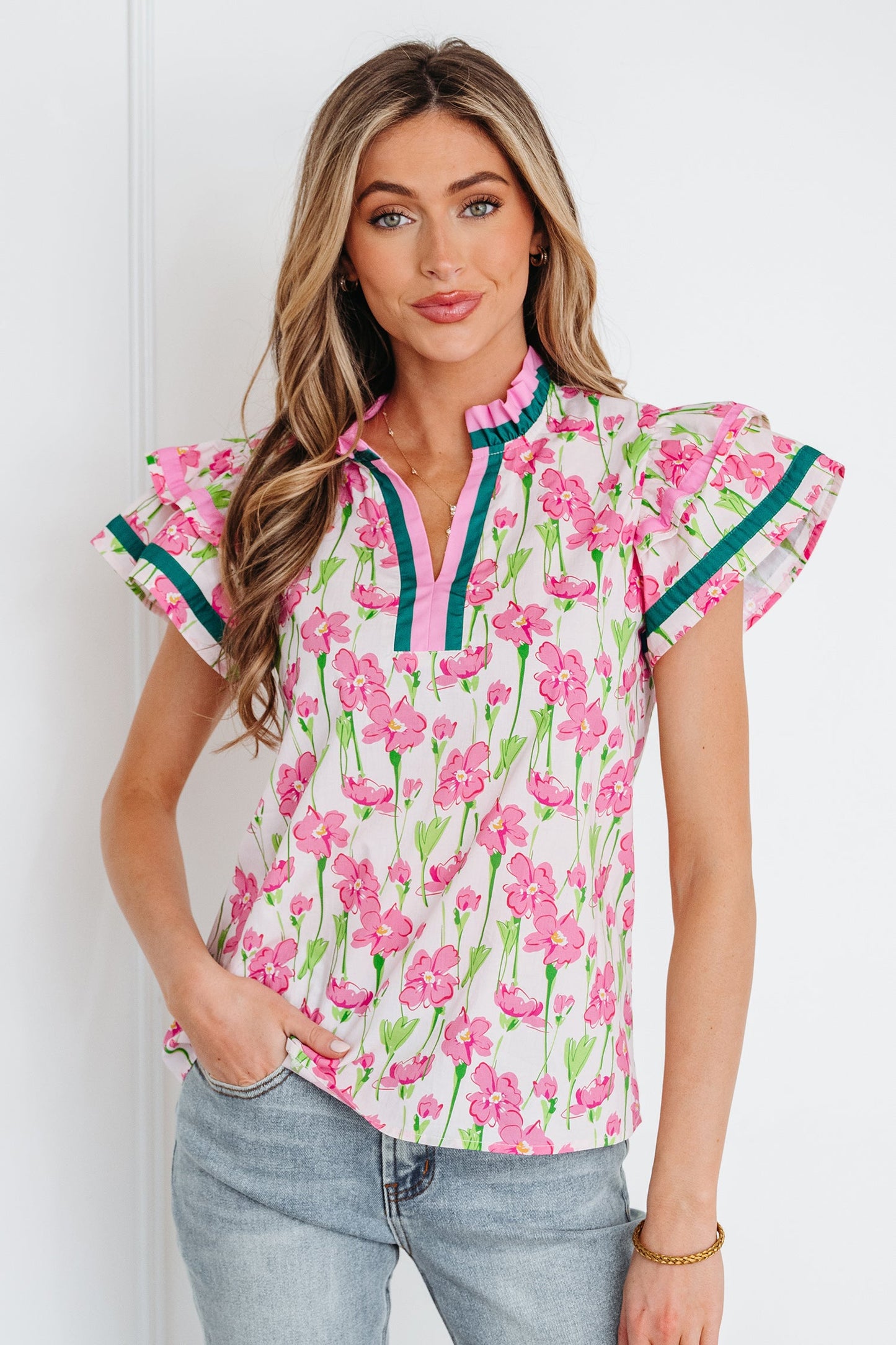 Contrast Trim V-Neck Ruffle Short Sleeve Blouse