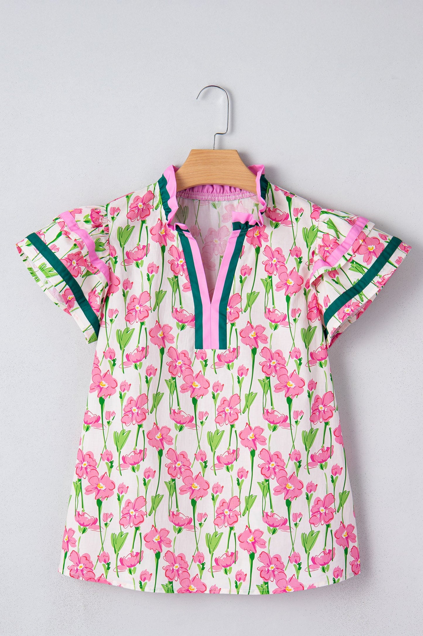 Contrast Trim V-Neck Ruffle Short Sleeve Blouse