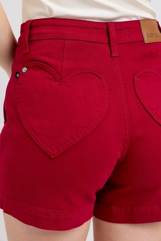 Hear Shaped Pockets -High Waist Tummy Control Garment Dyed Denim Shorts