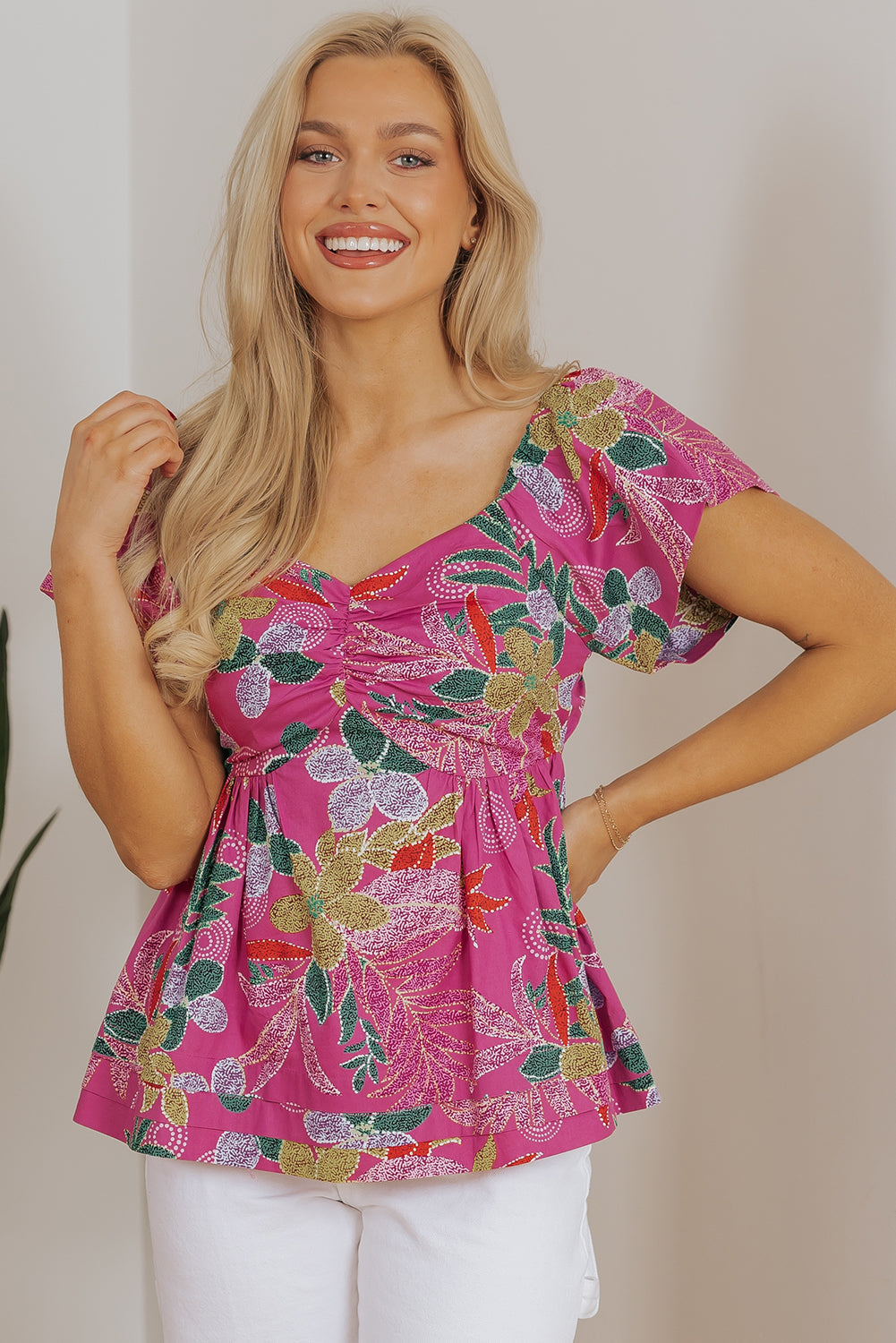 Floral Sweetheart Neck Flutter Sleeve Blouse