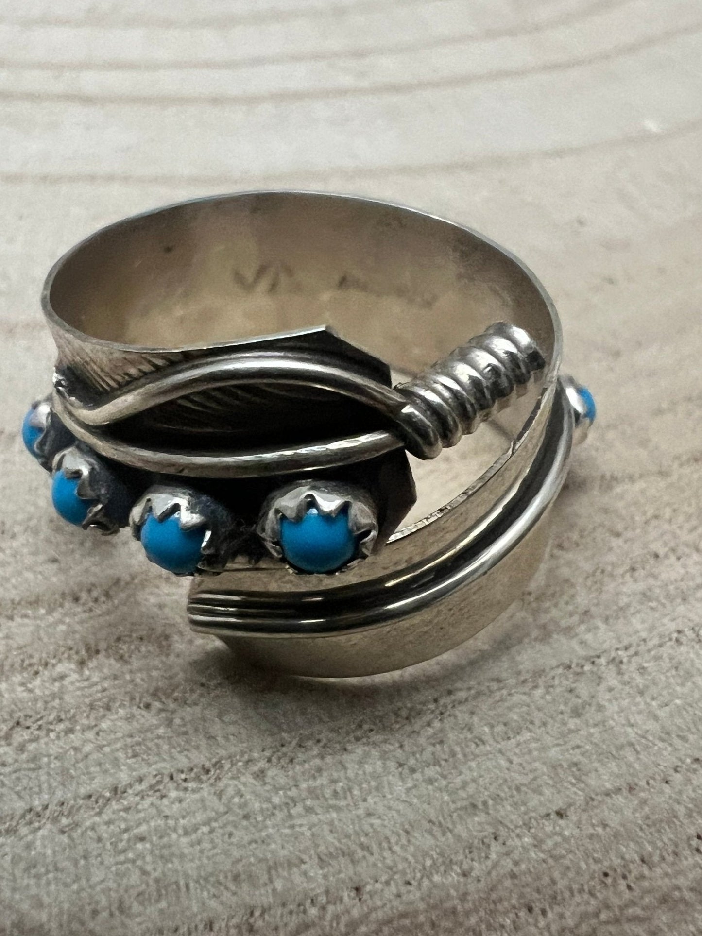 Chester Charley Navajo Handmade Kingman Turquoise Feather Adjustable Ring