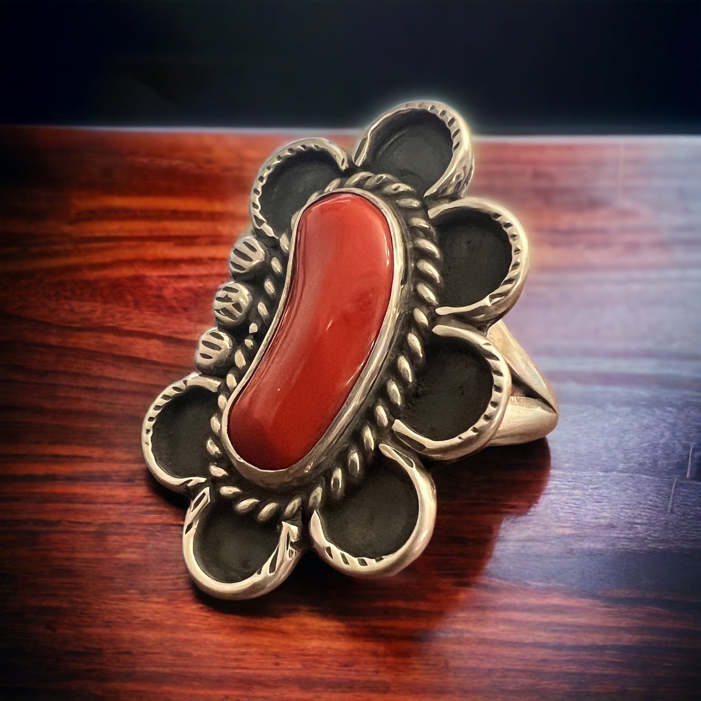 Coral ring on hand stamped sterling silver - Native signed A Chapo - size 7