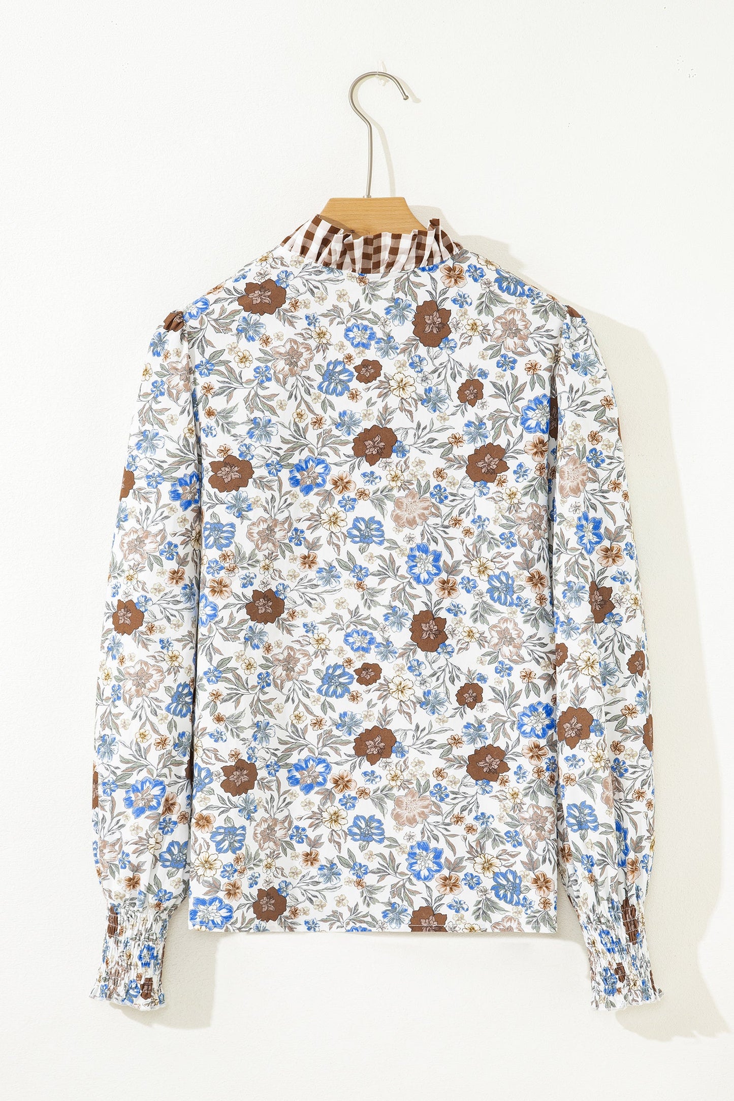 Floral Plaid Frill Trim Long Sleeve Blouse