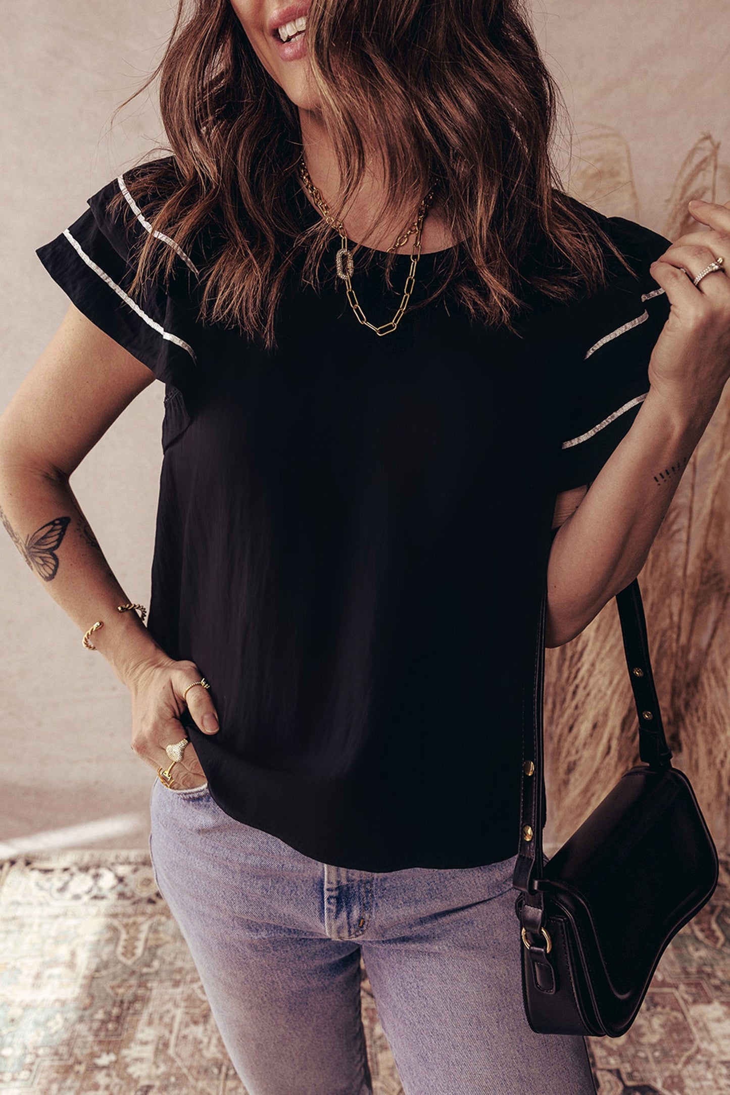 Contrast Trim Dual Ruffle Short Sleeve Blouse