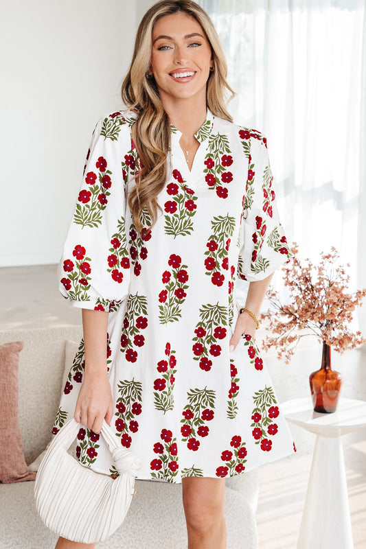 Floral V-Neck 3/4 Sleeve Loose Mini Dress