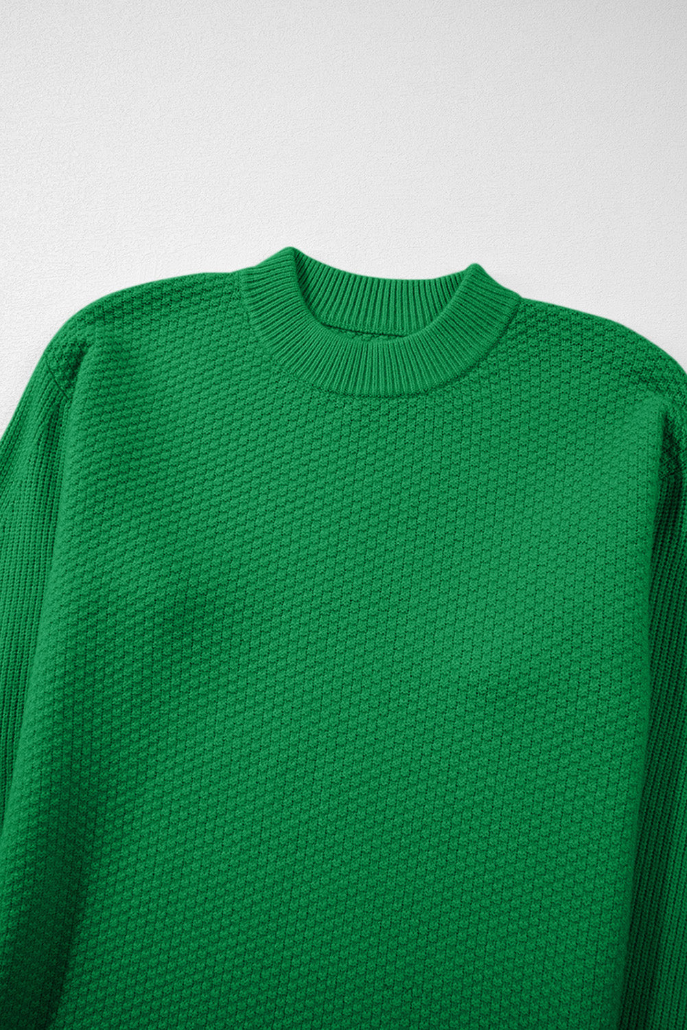 Solid Textured Knit Split Cuff Drop Shoulder Sweater