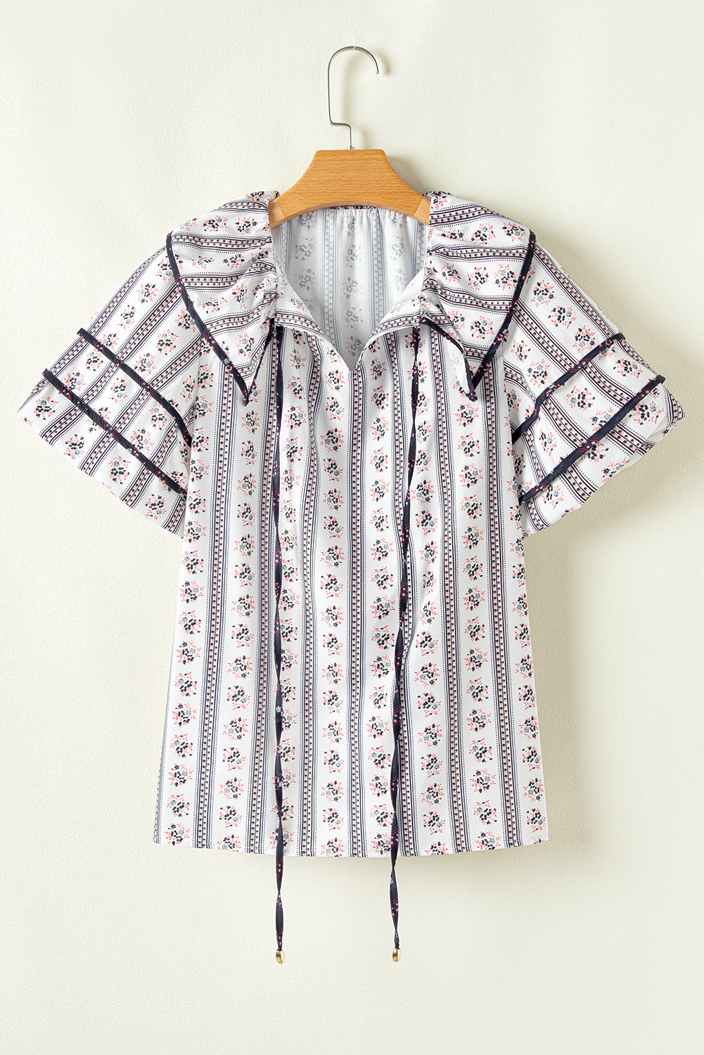 Floral Ruffle Collar Short Puff Sleeve Blouse