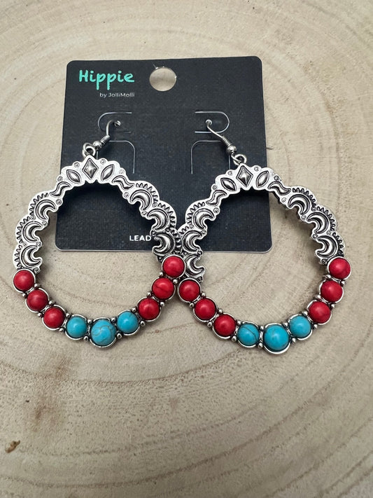Faux Turquoise and Coral Hoop Earring - 1 3/4 inch drop