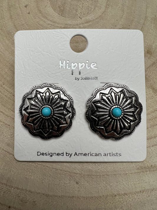Faux Turquoise Concho Post Earrings - 3/4 inch drop