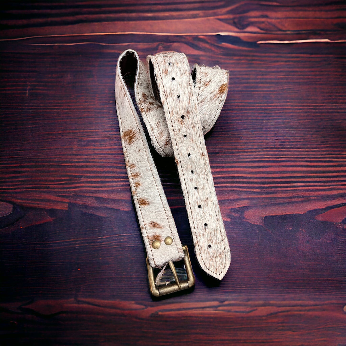 Hair on Hide Tan Brindle Leather Belt with Antique Belt Buckle - Large/XL