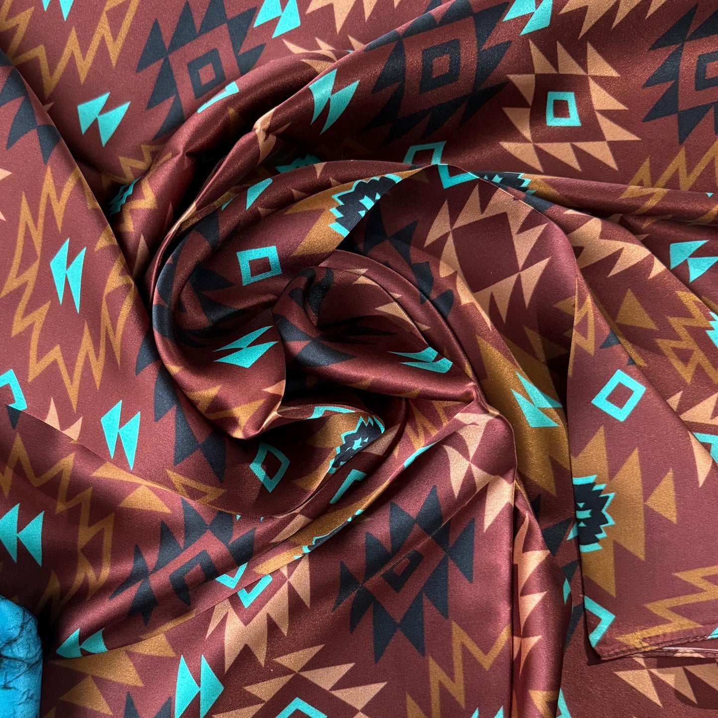 100% Silk Wild Rag Chestnut and Turquoise Aztec Native tribal inspired neck scarf by Double B Wild Rags