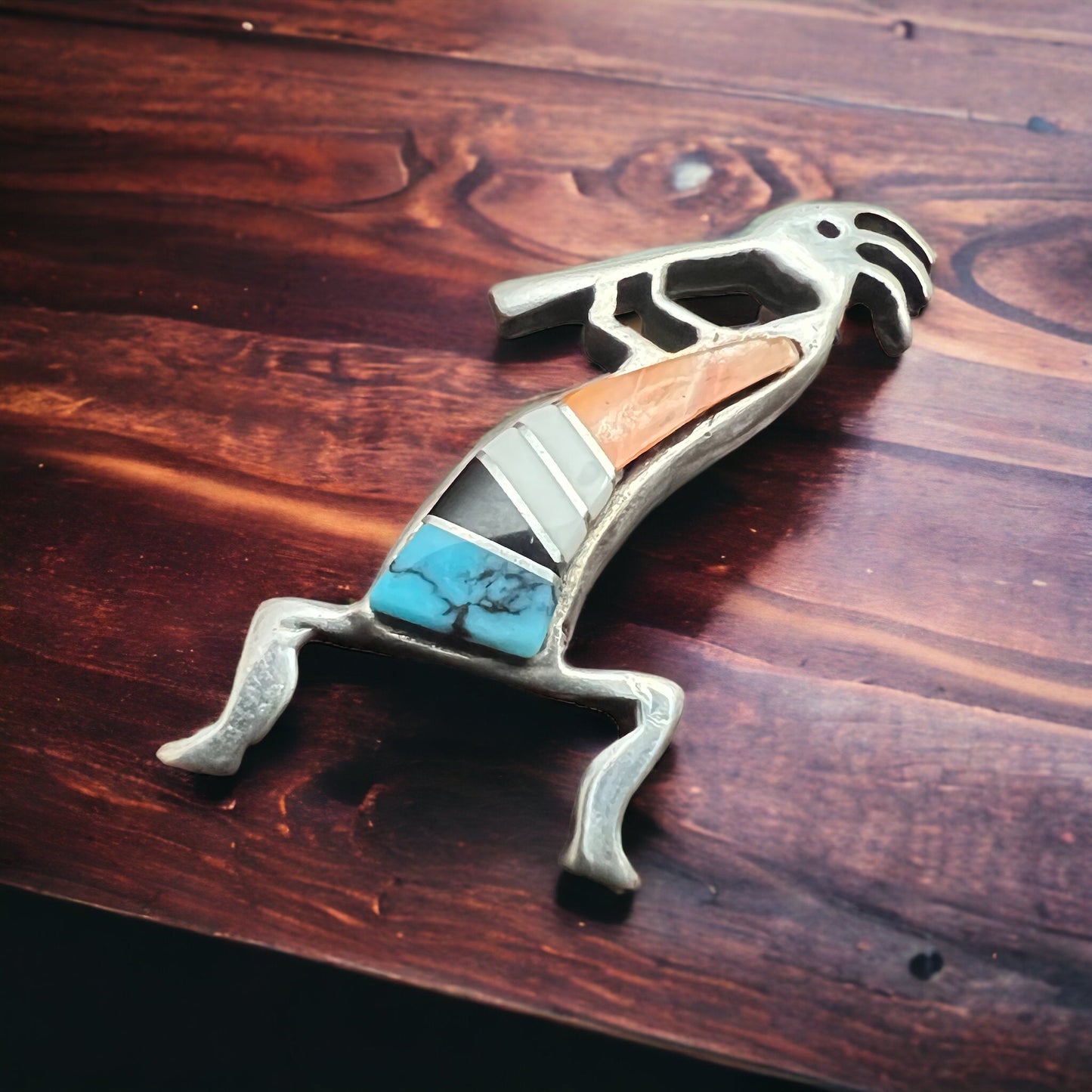 Kokopelli inlay brooch - signed by artist