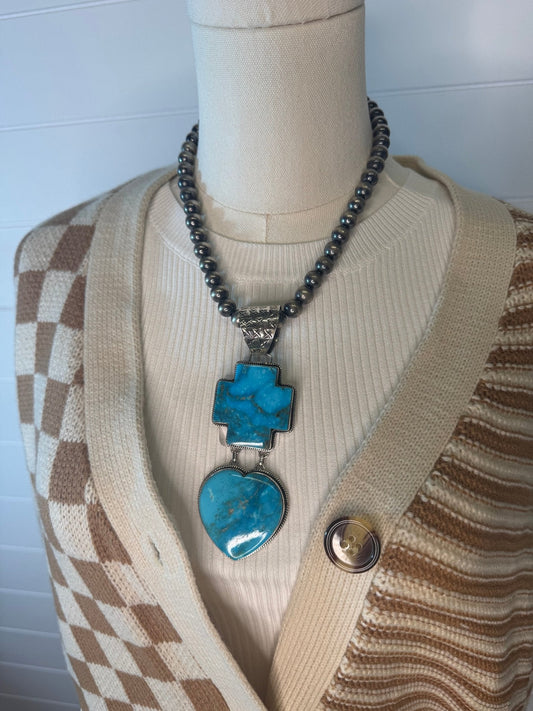Very Large Bleeding Heart Turquoise Stone Pendant