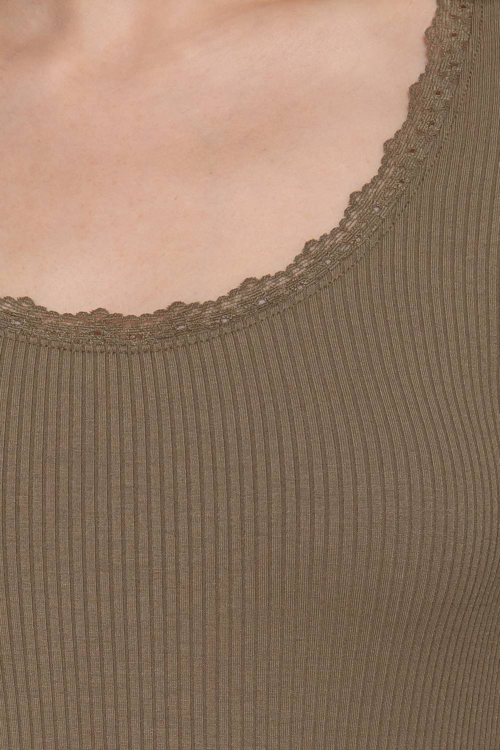 Long Sleeve Scoop Neck with Lace Trim Rib Knit Top