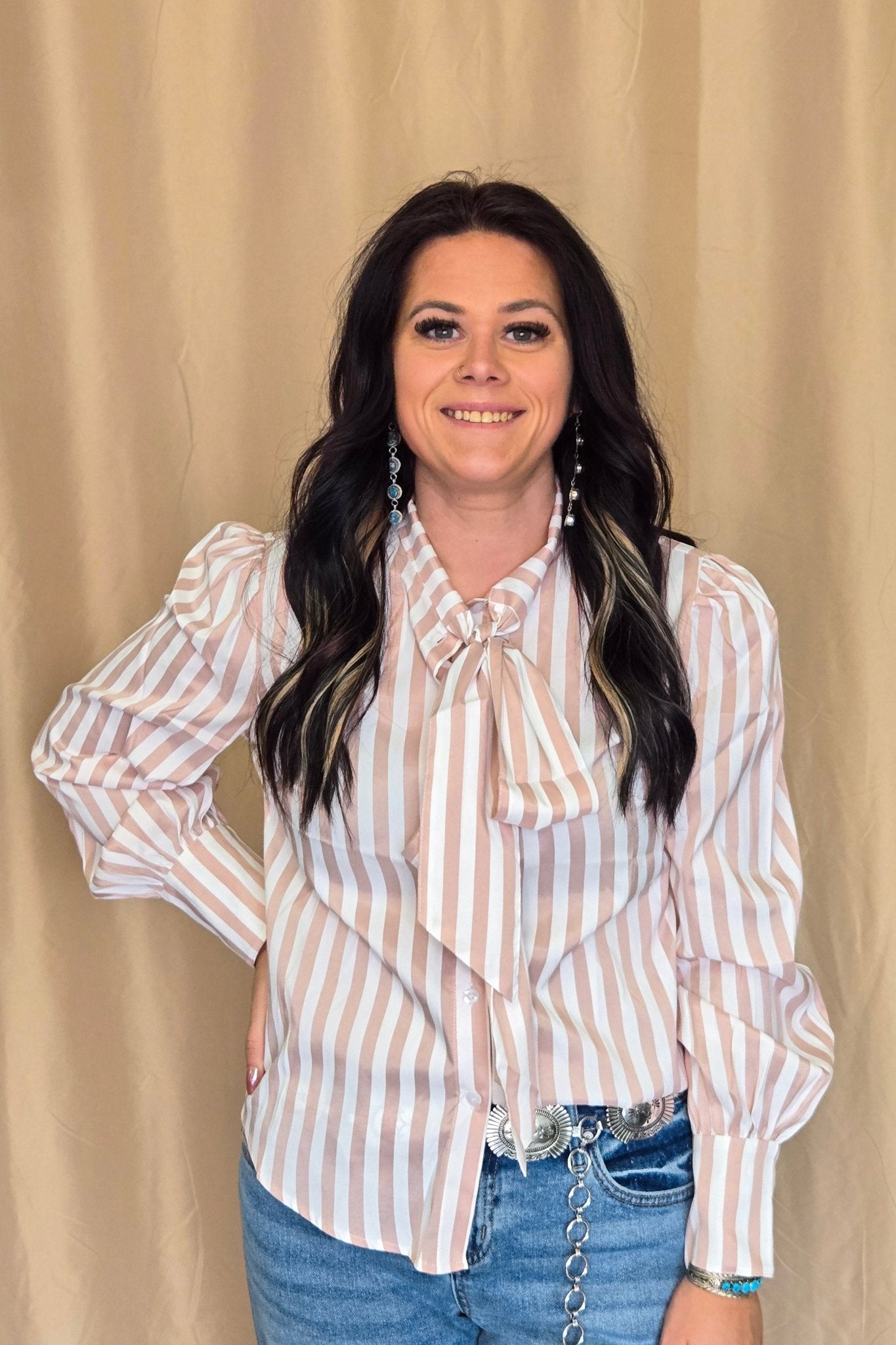 Howdy Hanny Mauve Stripe Long Sleeve Bow Tie Top