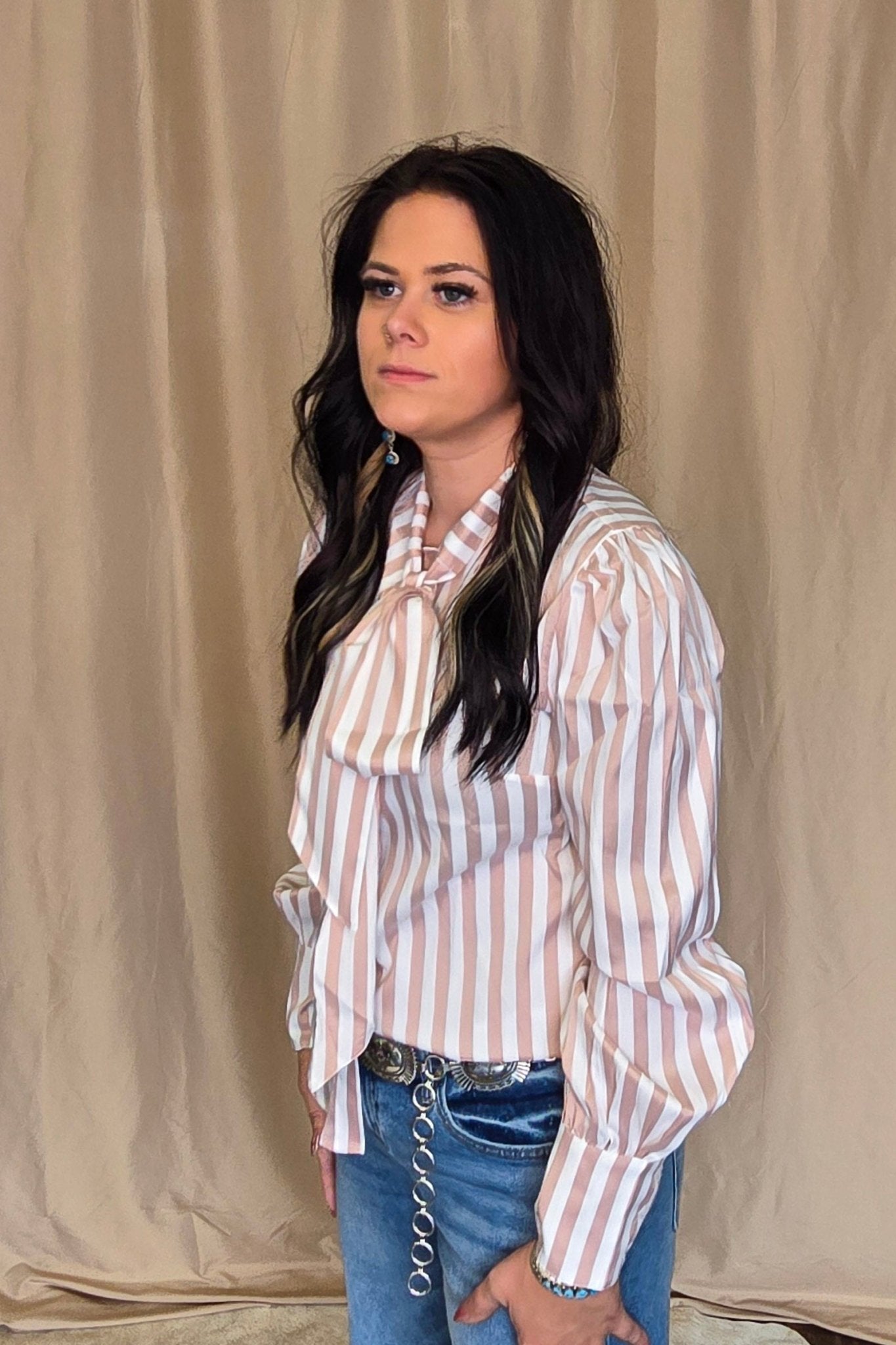 Howdy Hanny Mauve Stripe Long Sleeve Bow Tie Top