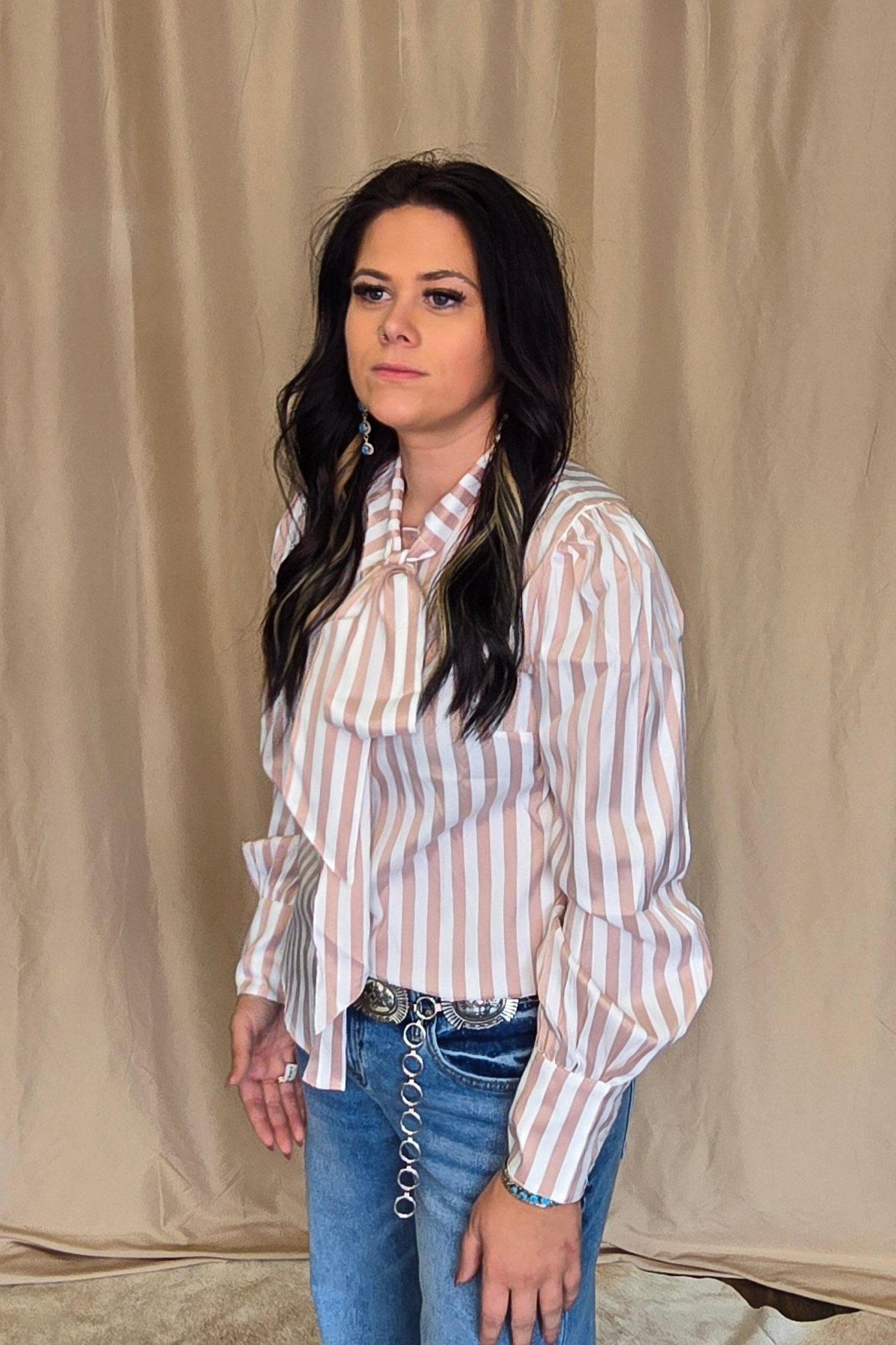 Howdy Hanny Mauve Stripe Long Sleeve Bow Tie Top