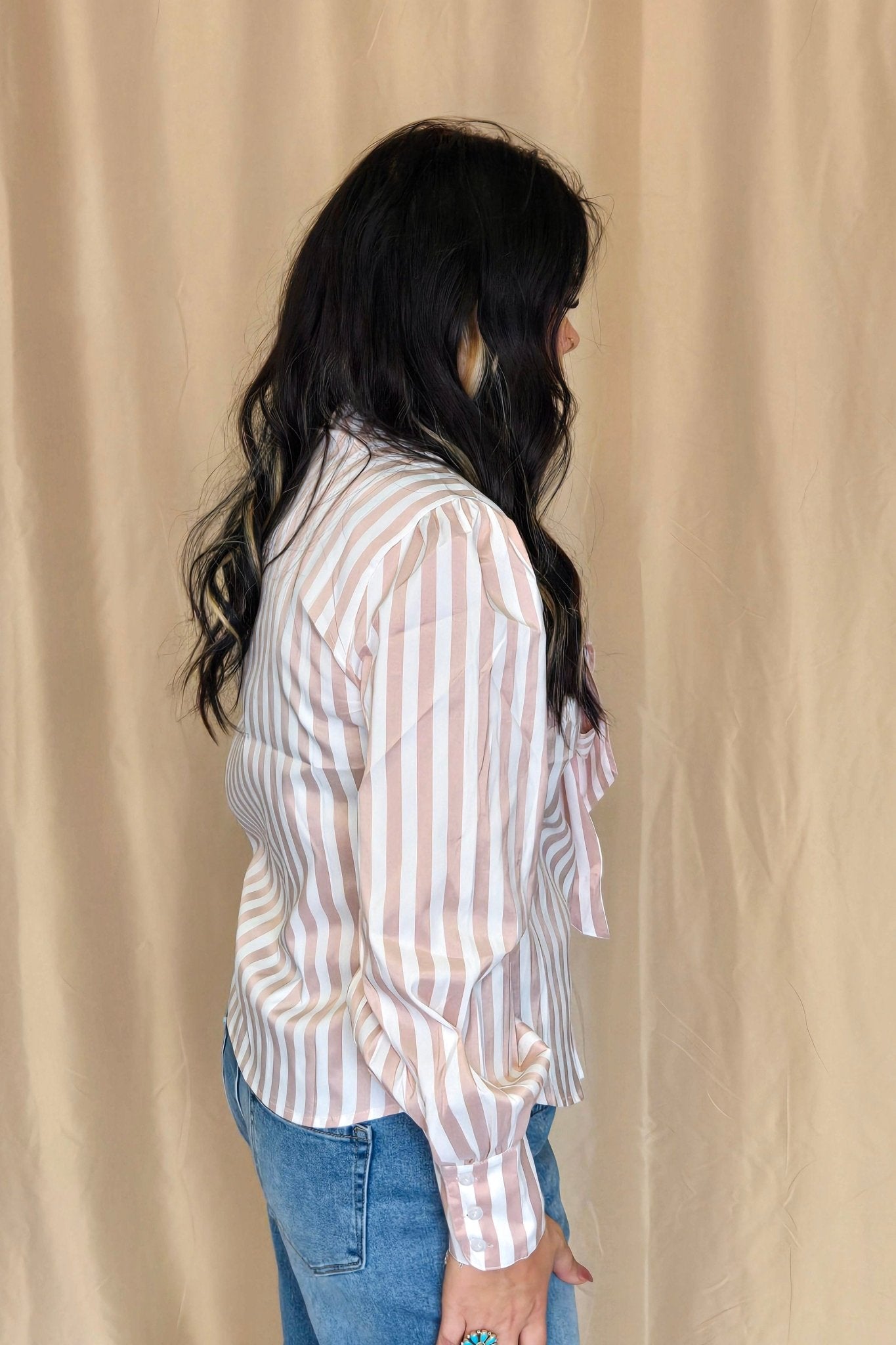 Howdy Hanny Mauve Stripe Long Sleeve Bow Tie Top