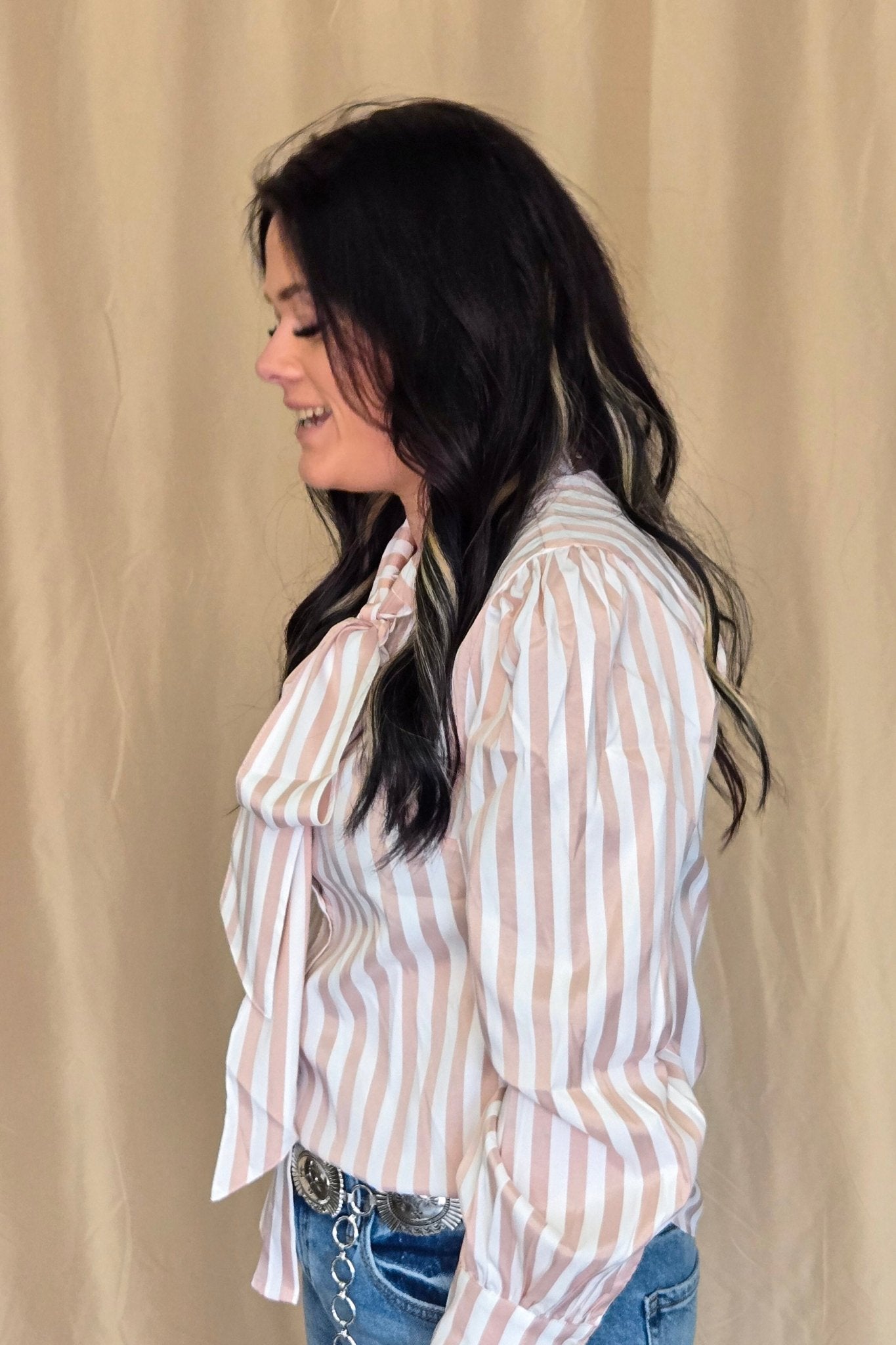 Howdy Hanny Mauve Stripe Long Sleeve Bow Tie Top