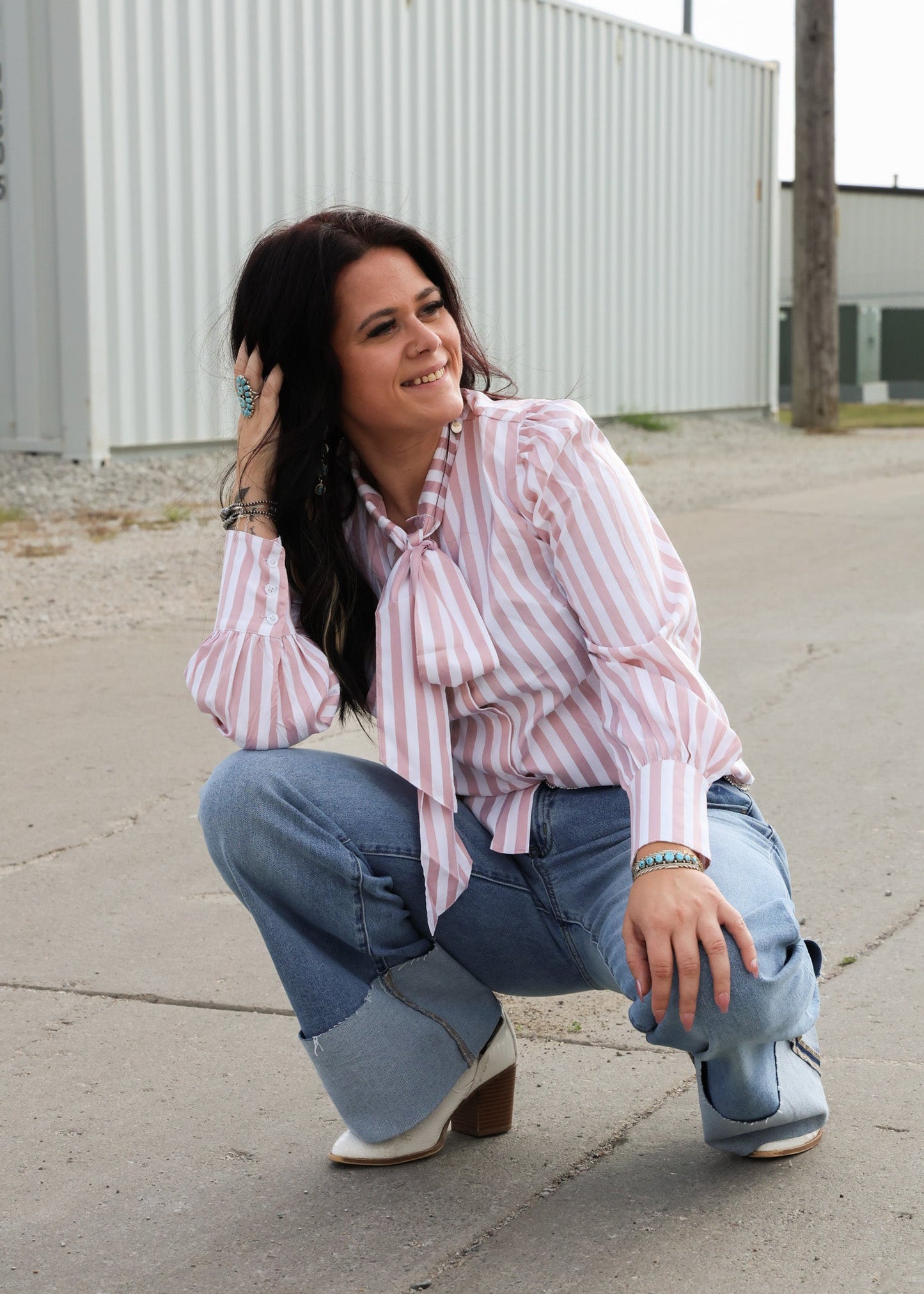 Howdy Hanny Mauve Stripe Long Sleeve Bow Tie Top